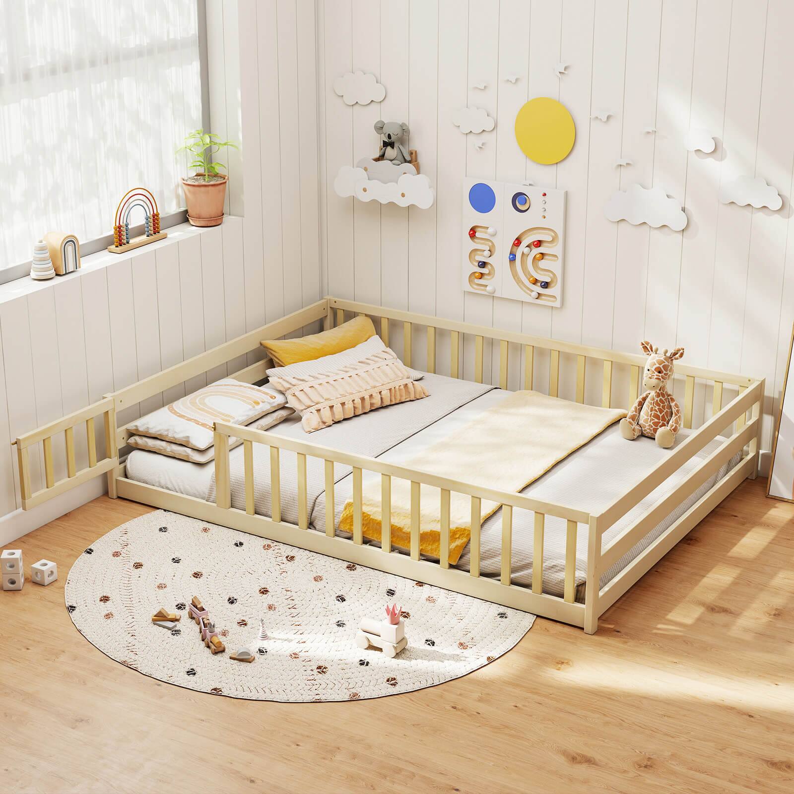 Alt View 1. Costway - Costway Full Size Floor Bed with Full Length Safety Guardrails & Door for Boys, Girls - Natural.