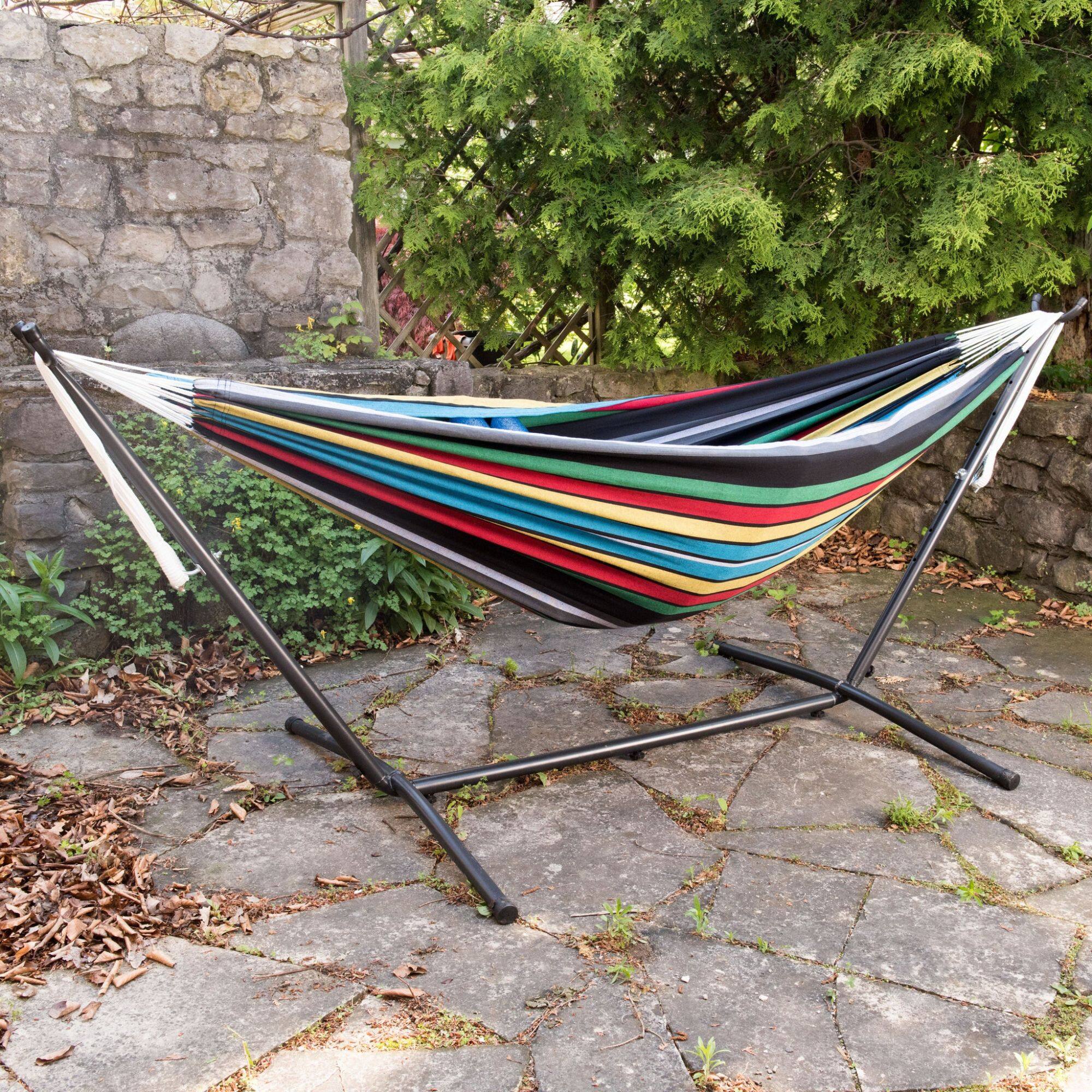 Alt View 2. Vivere - Vivere Double Cotton Hammock, Comfortable Daybed with Steel Stand, 9', Rio Night - Rio Night.