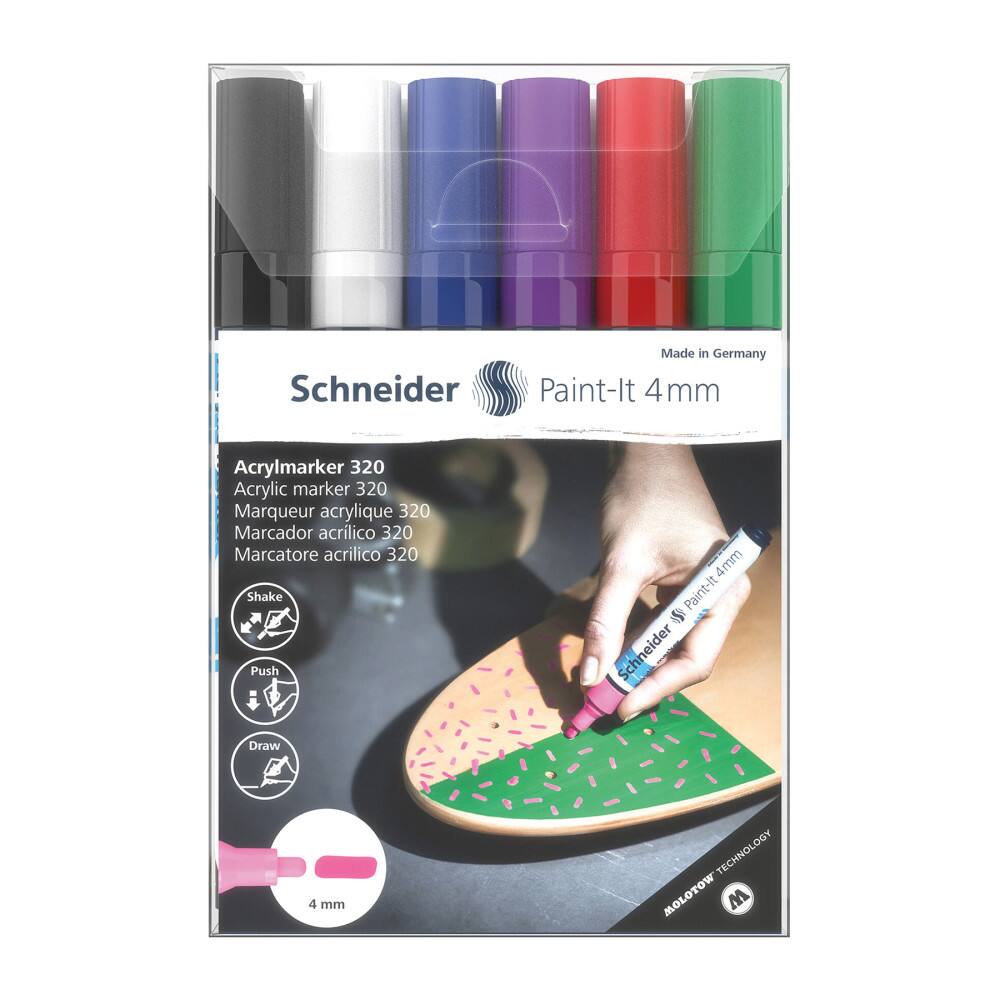Schneider Made in Germany Paint-It 4mm Acrylmarker 320  
Acrylic marker 320  
Marqueur acrylique 320  
Marcador acrílico 320  
Marcatore acrilico 320  

Shake Push Draw  
4mm Paint-it S Schneider Draw 4 mm  

TECHNOLOGY MOLOTOW