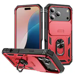 UUCOVER - Rugged Protective Case for Apple iPhone 17 Pro Max,Shockproof TPU+PC Ring Holder Stand Case with Sliding Camera Cover - Red