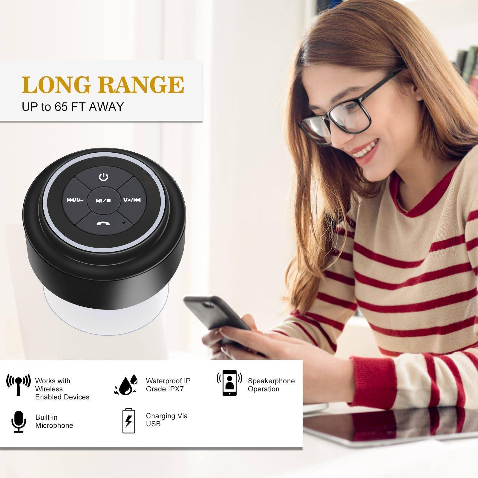 LONG RANGE  
UP to 65 FT AWAY  

- Works with Wireless Enabled Devices  
- Waterproof IP Grade IPX7  
- Built-in Microphone  
- Speakerphone Operation  
- Charging Via USB