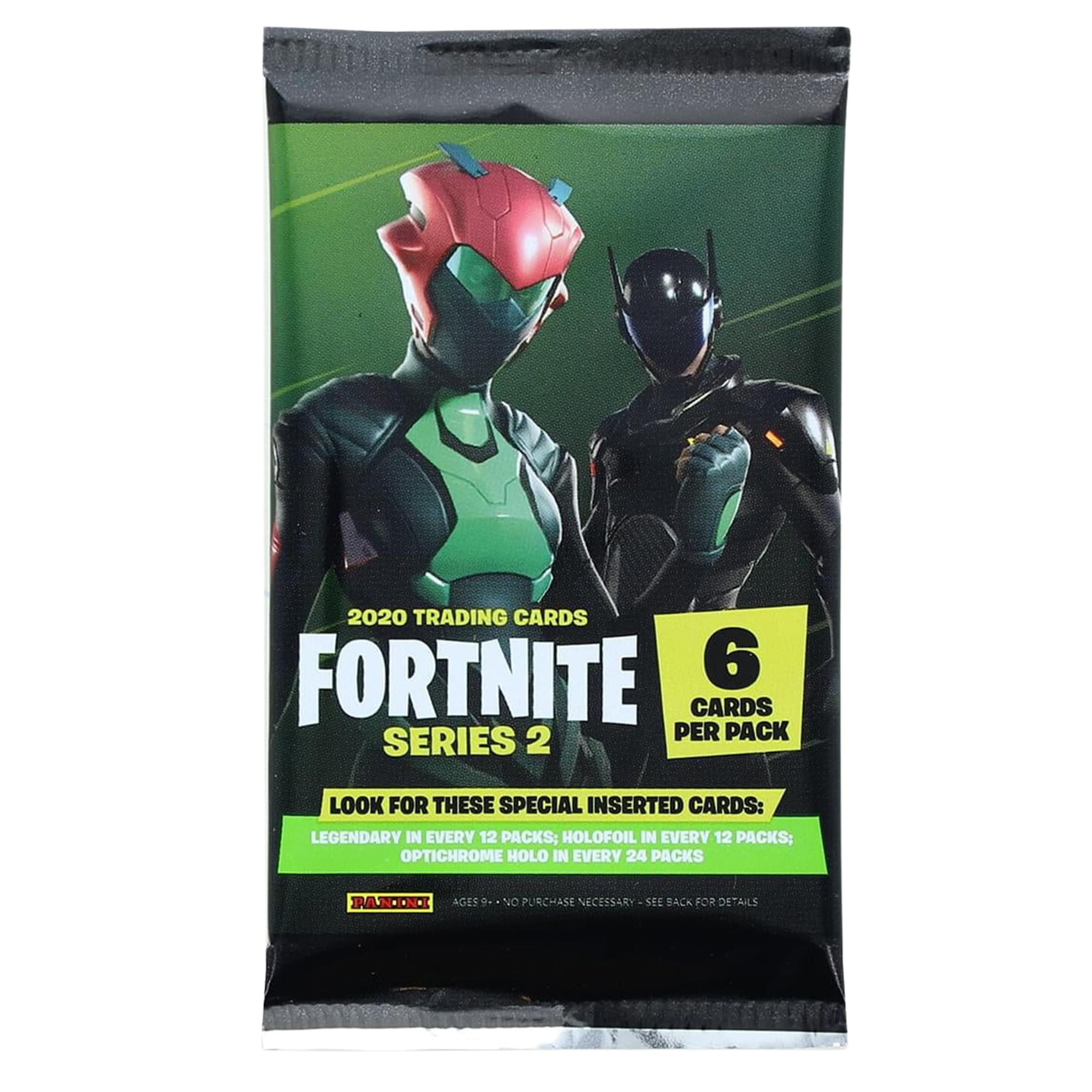 2020 TRADING CARDS  
FORTNITE  
SERIES 2  

6 CARDS PER PACK  

LOOK FOR THESE SPECIAL INSERTED CARDS:  
LEGENDARY IN EVERY 12 PACKS;  
HOLOFOIL IN EVERY 12 PACKS;  
OPTICHROME HOLO IN EVERY 24 PACKS  

AGES 9+  
NO PURCHASE NECESSARY  
SEE BACK FOR DETAILS