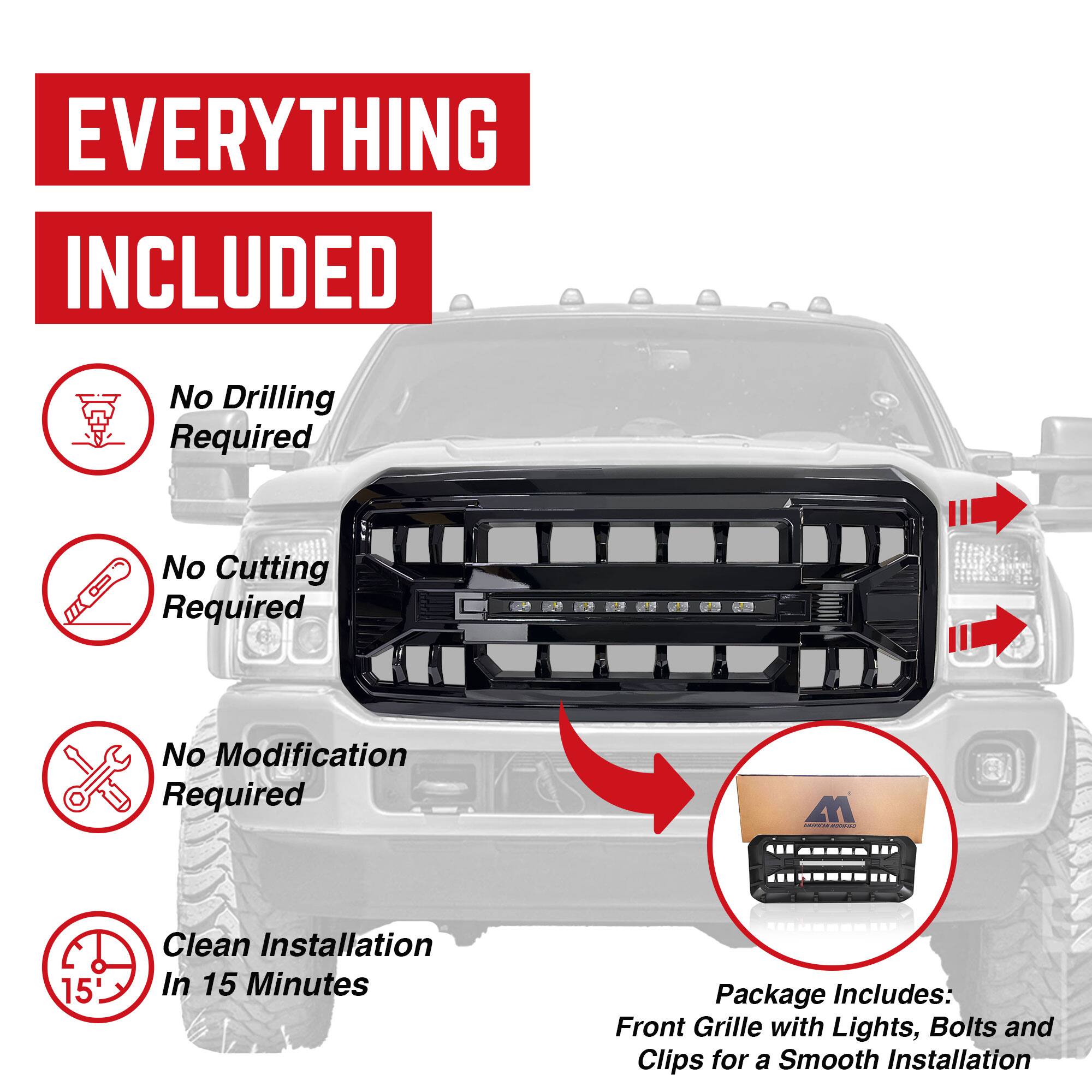 **EVERYTHING INCLUDED**

- No Drilling Required
- No Cutting Required
- No Modification Required
- Clean Installation In 15 Minutes

**Package Includes:**
Front Grille with Lights, Bolts and Clips for a Smooth Installation