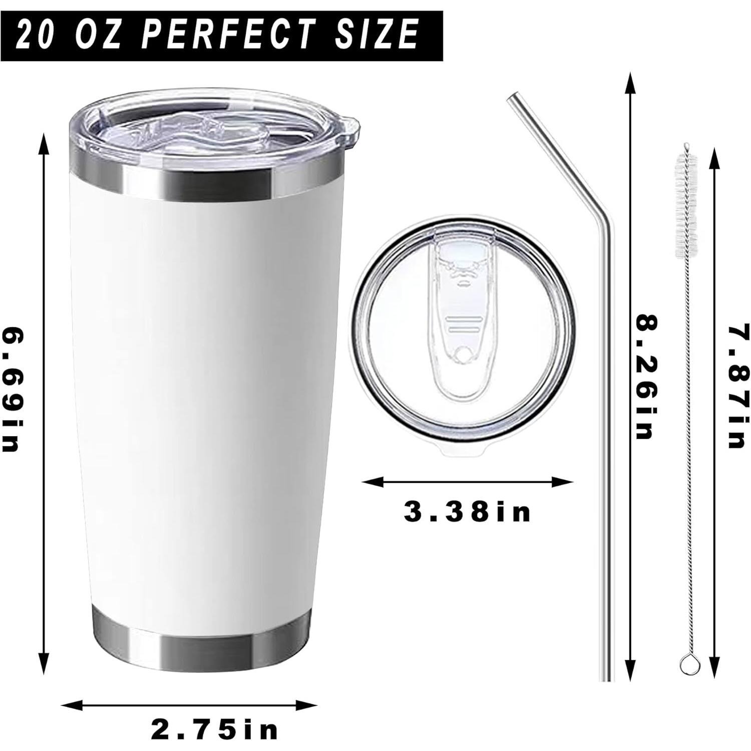 The corrected and grouped text from the image is:

- 20 OZ PERFECT SIZE
- 6.69 in
- 3.38 in
- 8.26 in
- 7.87 in
- 2.75 in