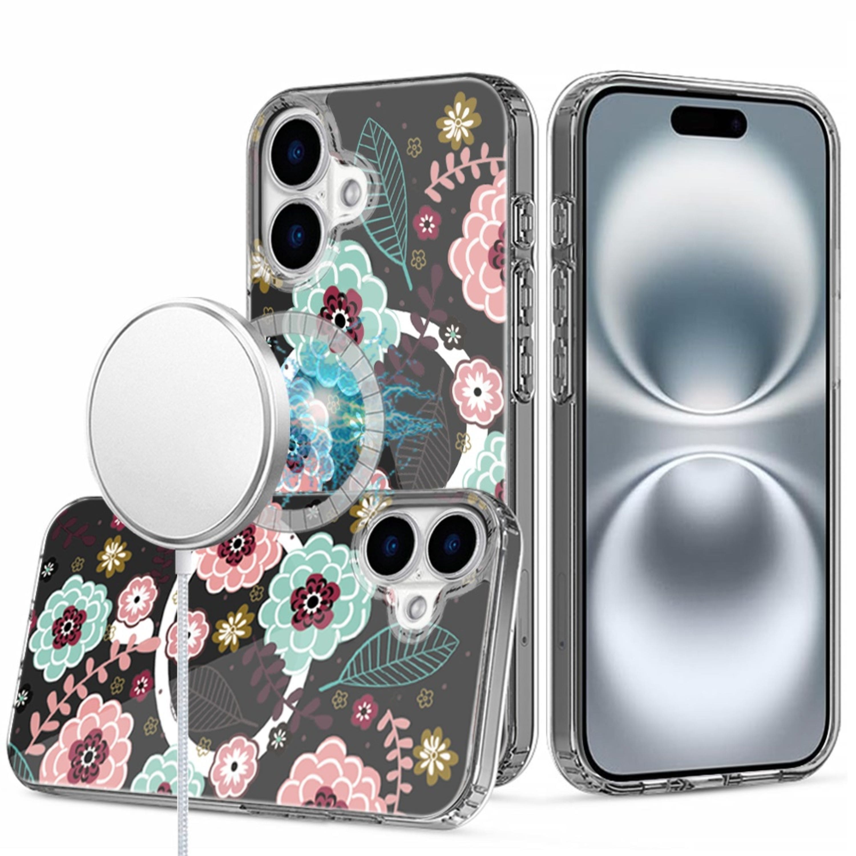 Kitcheniva - Floral Print Magnetic Circle Clear Case With Tempered Glass For iPhone 16 B - Multicolor
