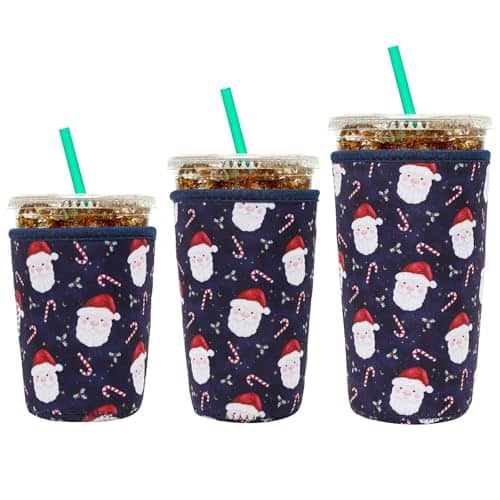 Fabibe - Reusable Neoprene Insulator Sleeve For Iced Coffee Cups 3 Pack Coolies Sleeves & Hot Drinks Cold Beverage Cooler Comp - Santa Claus
