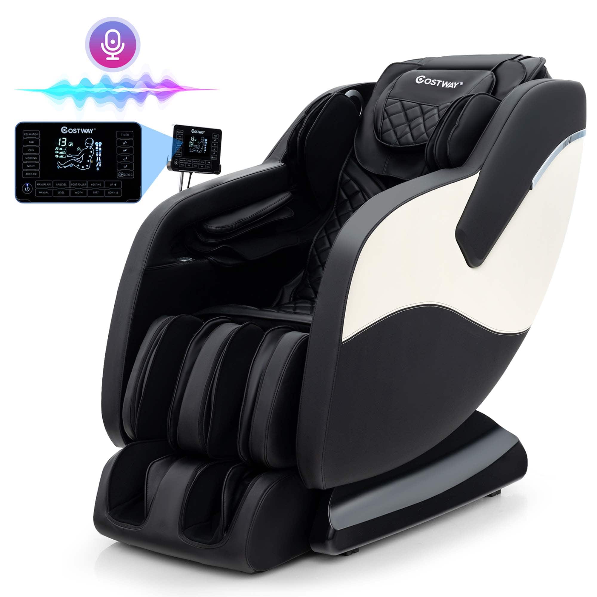 Costway - SL Track Zero Gravity Massage Recliner with Thai Stretch Foot Rollers Voice Control - Black + White
