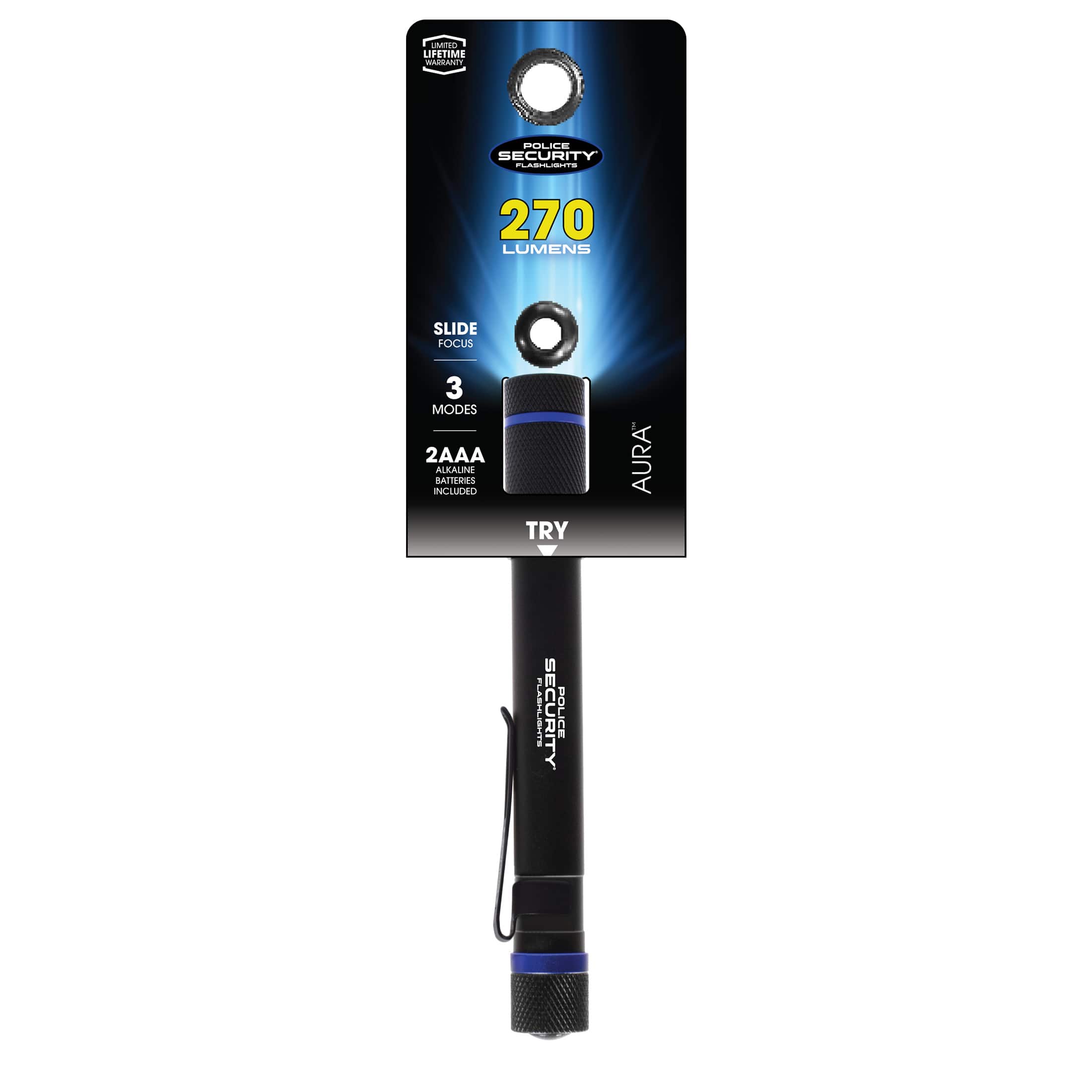 The corrected text is:
"CAROLITIME EE I OLIE SECURITY A-S 270 LUMENS SLIDE FOCUS 3 MODES 2AAA ALKALINE NOT INCLUDED TRY AURA FLARELITE SECURITY OLICE"