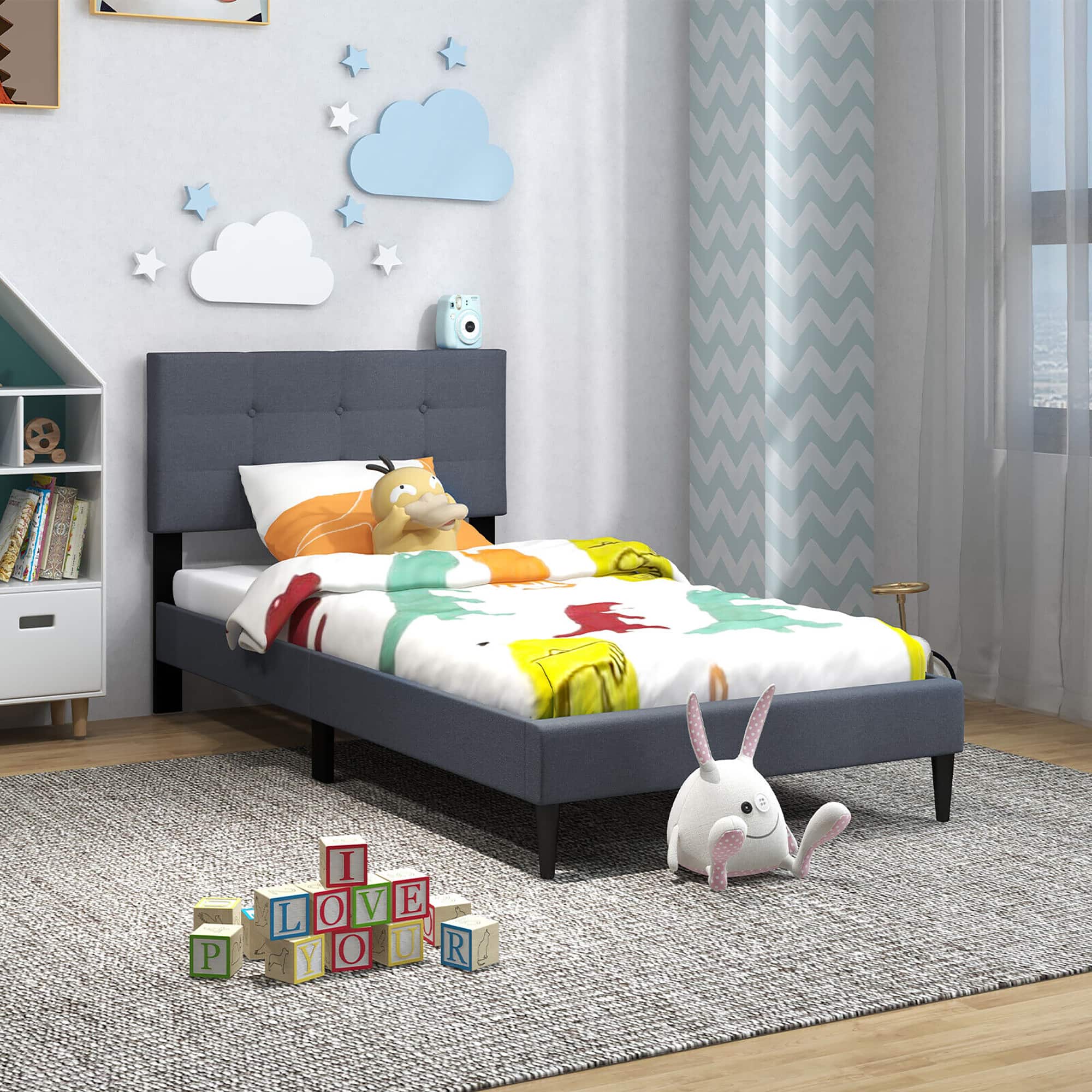 Gymax - Twin Upholstered Platform Bed Mattress Foundation Button Tufted Headboard - Gray