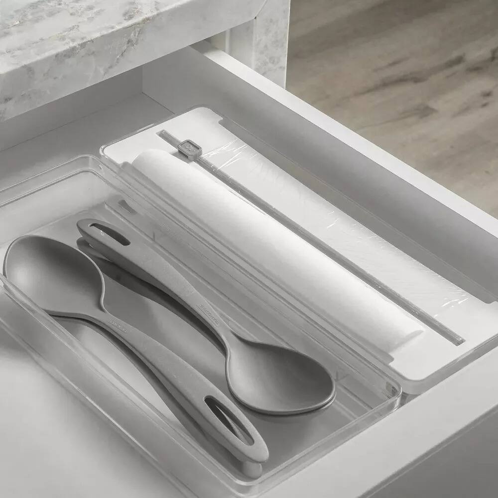 Back. OU - OU Aluminum Foil and Wrap Organizer with Cutter for 12" Roll, Plastic Wrap & Aluminum Foil Dispenser - White - White.