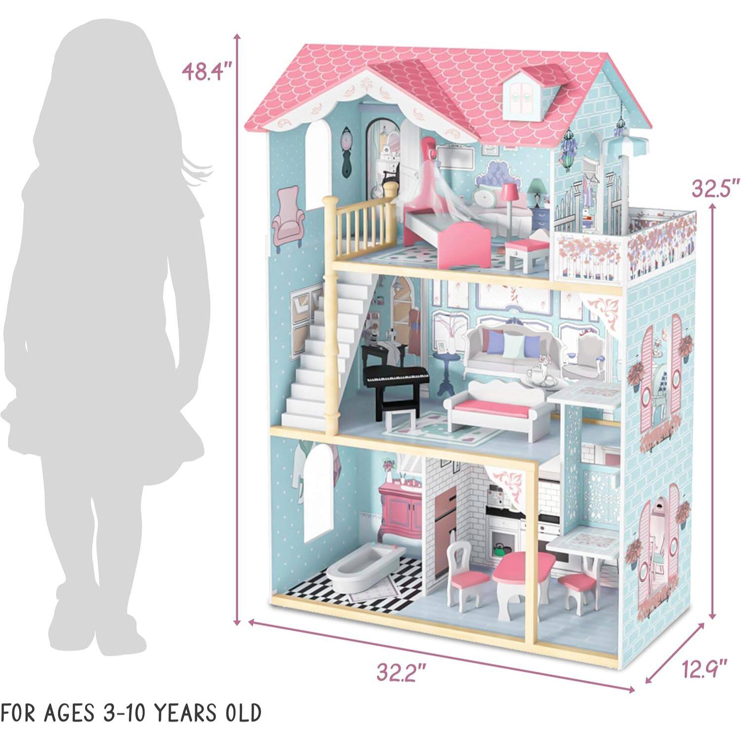 Lil' Jumbl Kids Wooden Dollhouse, 3 Story X Large Doll House with