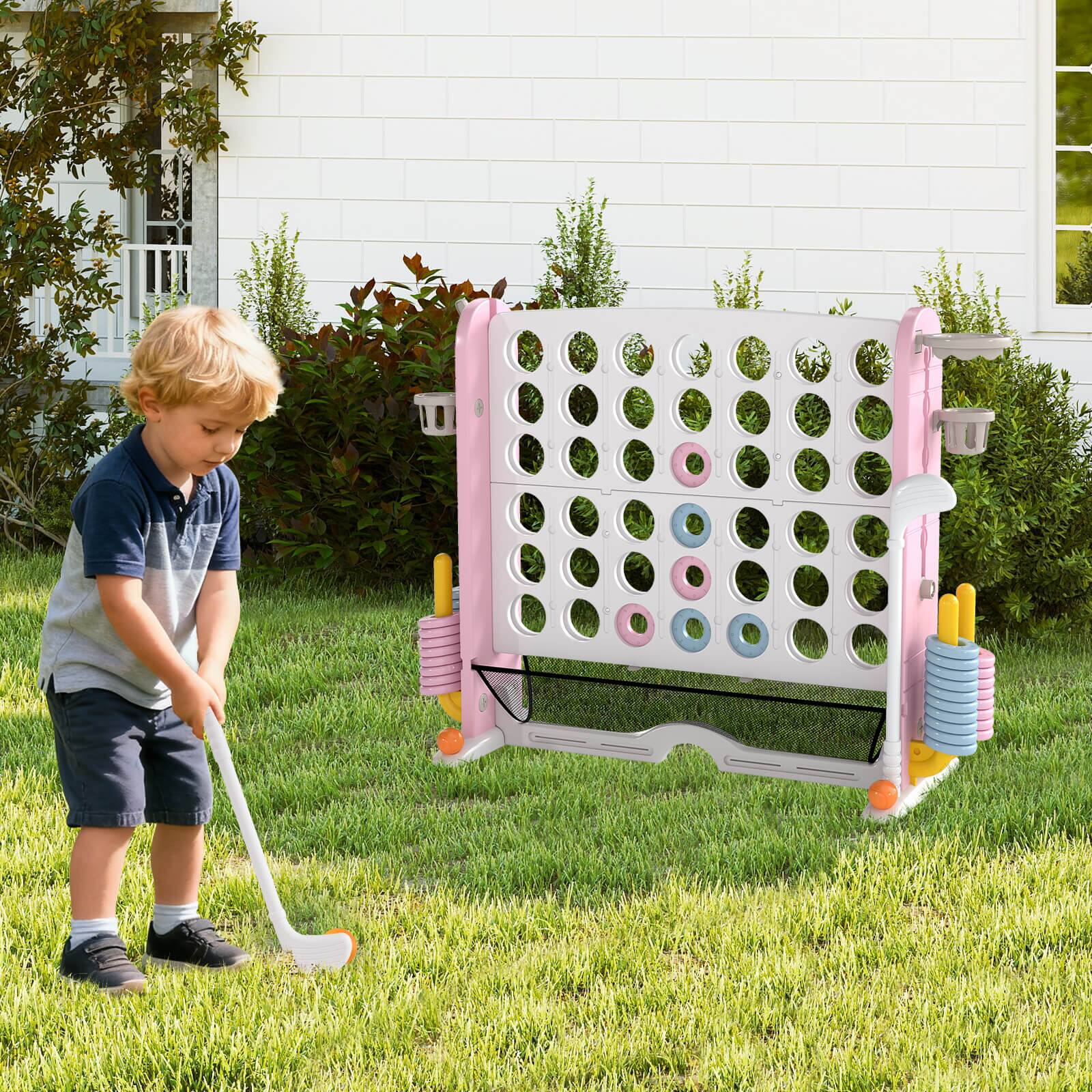 Alt View 3. Costway - Costway Giant 4-in-a-Row Game Set with Ring-toss, Basketball Hoop, Golf Club & Cup Holders - Pink,White.