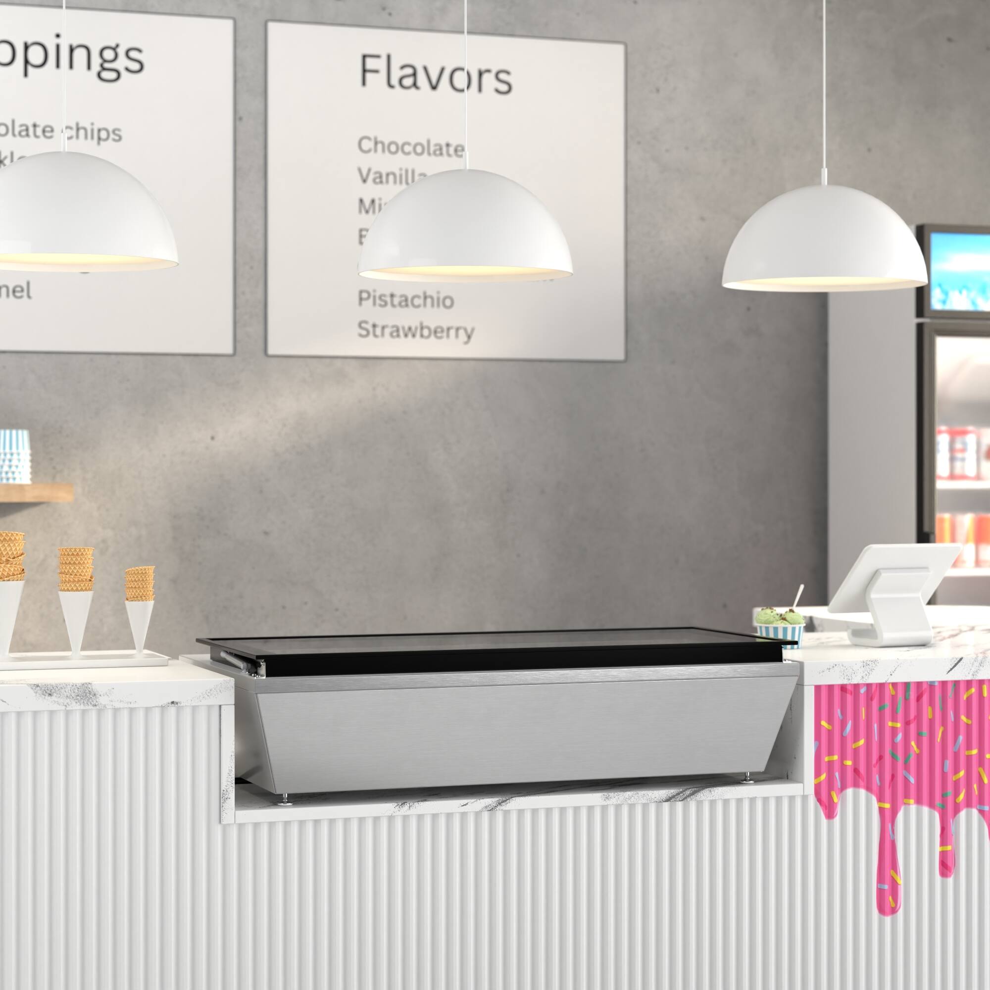 Flavors: Chocolate, Vanilla, Mint, Pistachio, Strawberry

Toppings: Chocolate chips