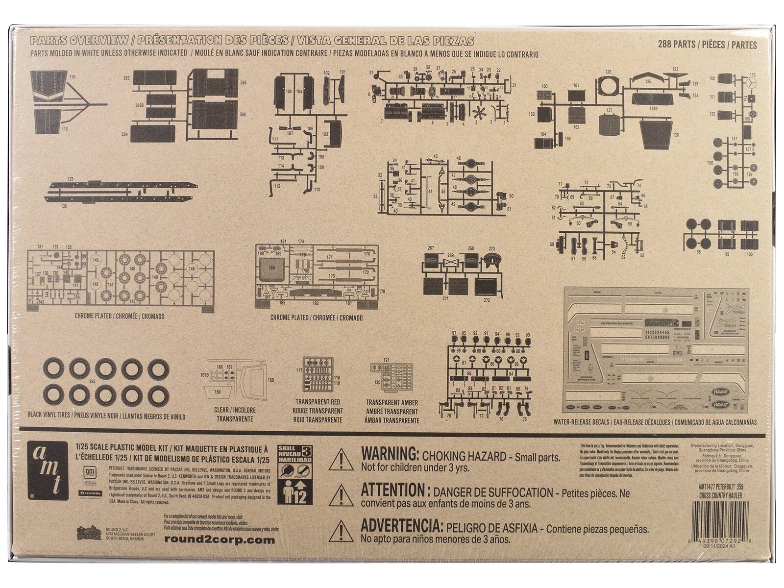 **Parts Overview / Présentation des Pièces / Vista General de las Piezas**

**Parts Molded in White Unless Otherwise Indicated / Moulé en Blanc Sauf Indication Contraire / Piezas Modeladas en Blanco a Menos Que Se Indique lo Contrario**

- **288 Parts / Pièces / Partes**

**Chrome Plated / Chromée / Cromado**

**Black Vinyl Tires / Pneus Vinyle Noir / Llantas Negros de Vinilo**

**Clear / Incolore / Transparente**

**Transparent Red / Rouge Transparente / Rojo Transparente**

**Transparent Amber / Ambre Transparente / Amarante Transparente**

**Water-Release Decals / Eau-Release Décalques / Comunicado de Agua Calcomanías**

**1/25 Scale Plastic Model Kit / Kit Maquette en Plastique / Kit de Modelismo de Plástico Escala 1/25**

**Skill Level / Niveau de Compétence / Nivel de Habilidad**

**Warning: Choking Hazard - Small parts. Not for children under 3 yrs. / Attention: Danger de Suffocation - Petites pièces. Ne convient
