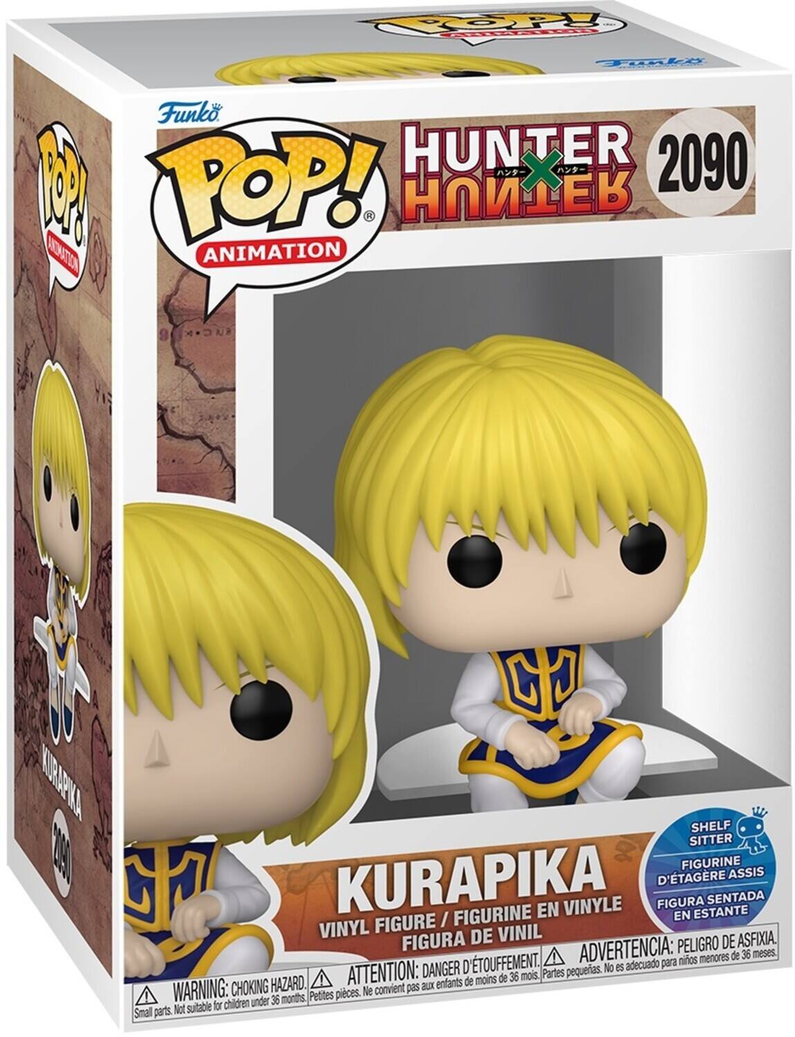 Sure, here is the corrected and grouped text from the image:

---

**Funko POP! Animation**

**HUNTER X HUNTER 2090**

**KURAPIKA**

**VINYL FIGURE / FIGURINE EN VINYLE / FIGURA DE VINIL**

**SHELF SITTER / FIGURINE D'ÉTAGÈRE ASSIS / FIGURA SENTADA EN ESTANTE**

**WARNING: CHOKING HAZARD. Small parts. Not suitable for children under 36 months.**

**ATTENTION: DANGER D'ÉTOUFFEMENT. Petites pièces. Ne convient pas aux enfants de moins de 36 mois.**

**ADVERTENCIA: PELIGRO DE ASFIXIA. Partes pequeñas. No es adecuado para niños menores de 36 meses.**

---

This text is grouped and corrected for clarity.
