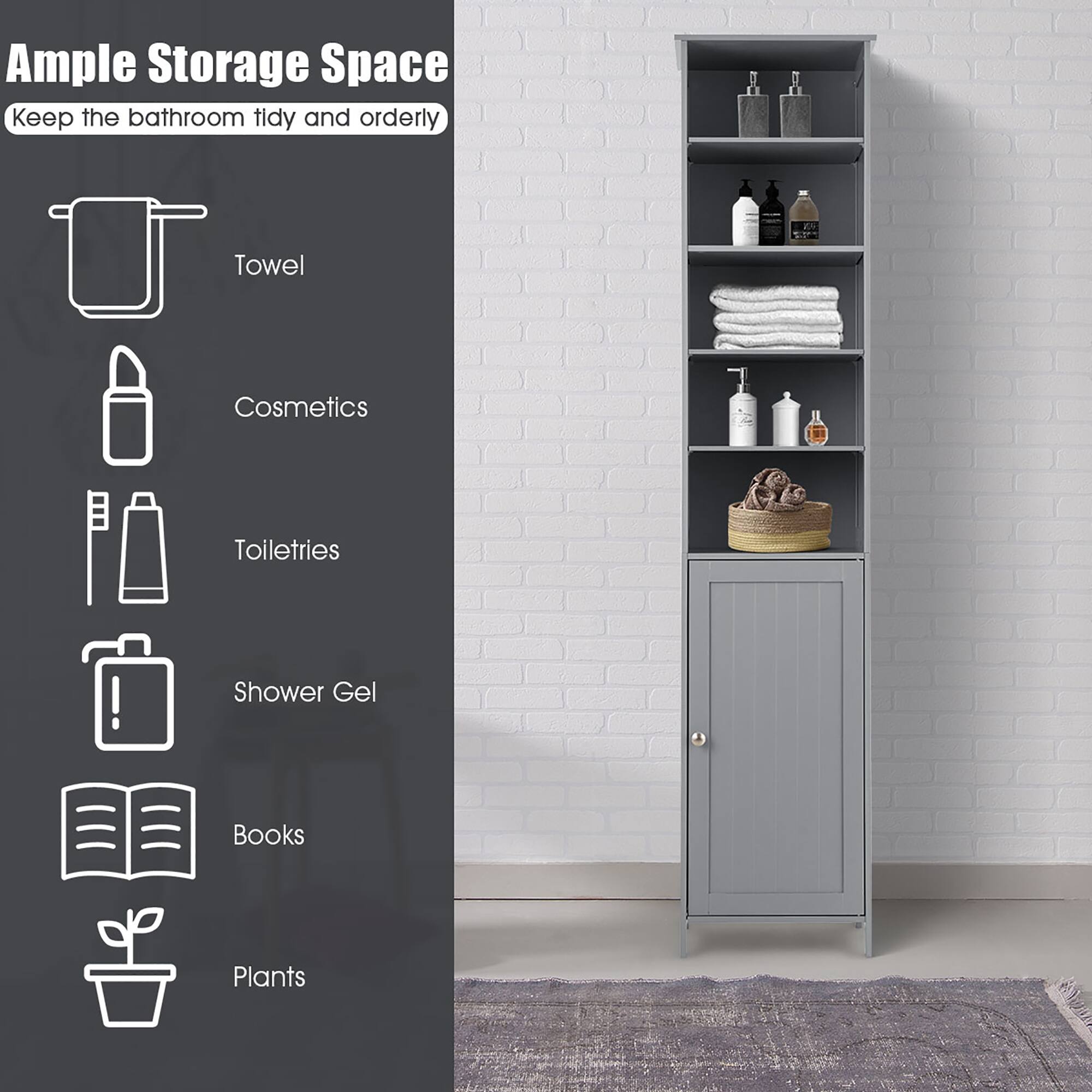 Ample Storage Space  
Keep the bathroom tidy and orderly  

- Towel  
- Cosmetics  
- Toiletries  
- Shower Gel  
- Books  
- Plants