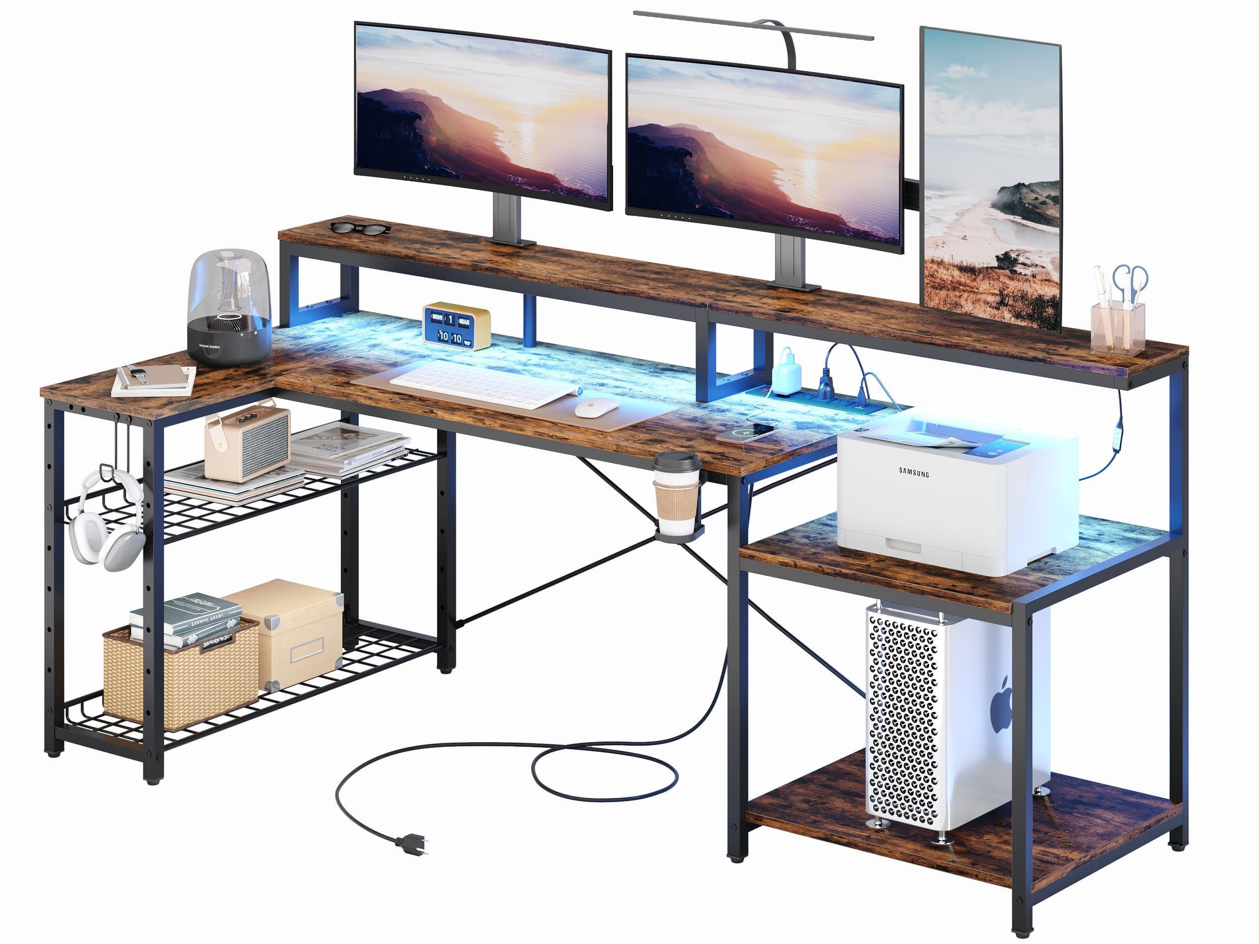 Alt View 14. Bestier - 71inch L-Shaped LED Gaming Desk with Power Outlet Computer Desk - Rustic Brown.