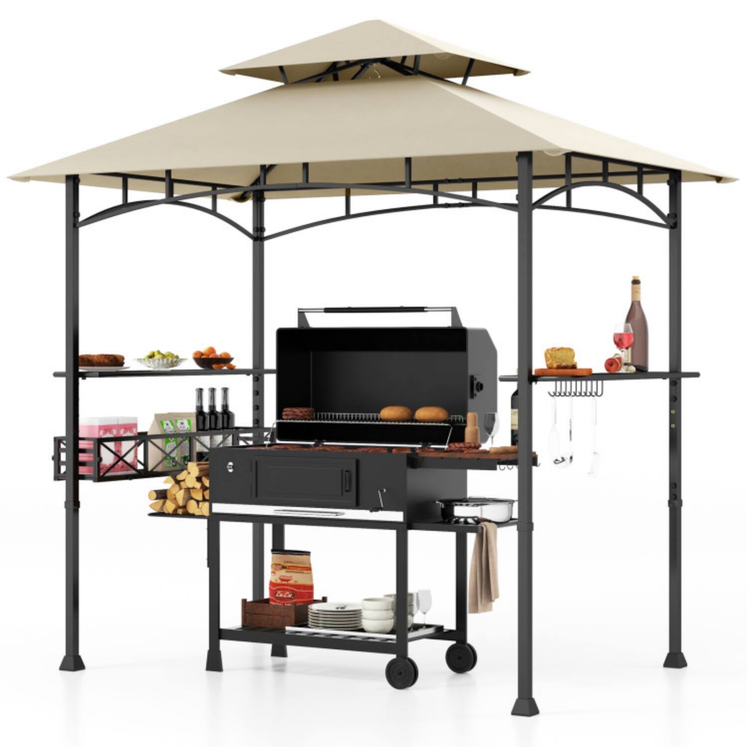 Alt View 3. Mondawe - 8 x 5 FT Freestanding Grill Gazebo with 2 Shelves and 10 Hooks - Beige.