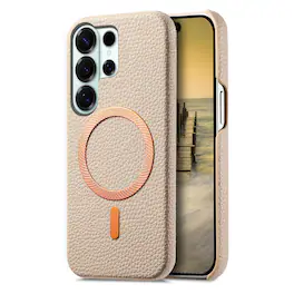 Dteck - Lychee Texture Case for Samsung Galaxy S26 Ultra, Premium PU Leather Magnetic Shockproof Hard PC Cover with Raised Edges - Khaki