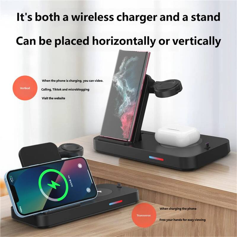 It's both a wireless charger and a stand.  
Can be placed horizontally or vertically.  

When the phone is charging, you can video.  
Vertical Calling. Tiktok and microblogging.  
Visit the website.  

When charging the phone,  
Transverse Free your hands for easy viewing.
