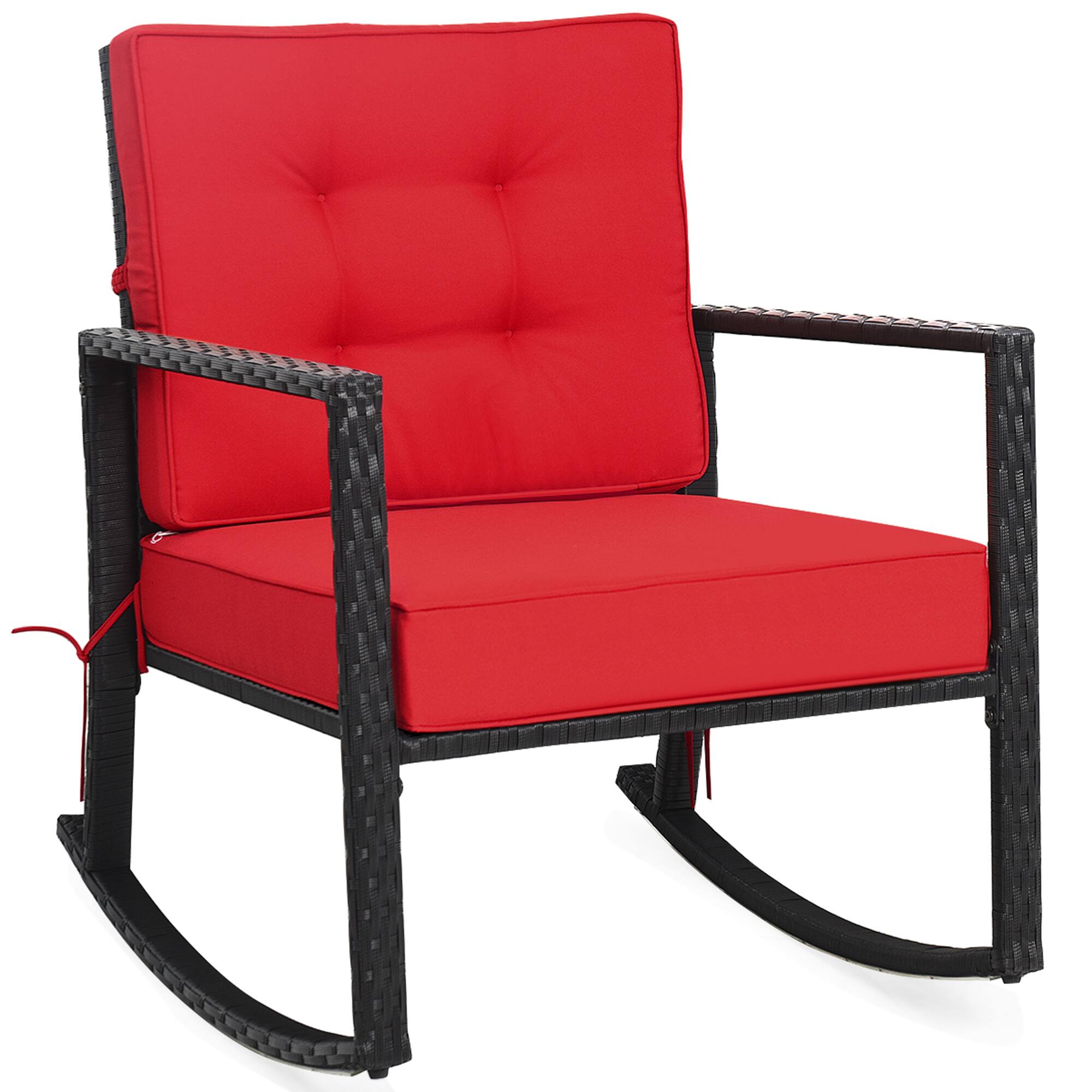 Alt View 1. Gymax - Gymax Outdoor Wicker Rocking Chair Patio Lawn Rattan Single Chair Glider w/ Red Cushion - Black + Red.