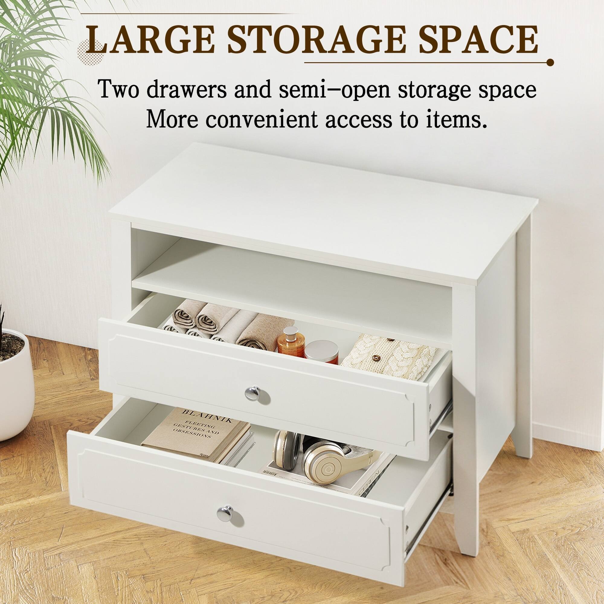 Alt View 1. U-HOMY - Modern 2-Drawer Nightstand with Open Shelf, Wide Bedside Table with Solid Wood Legs for Bedroom Storage - White.