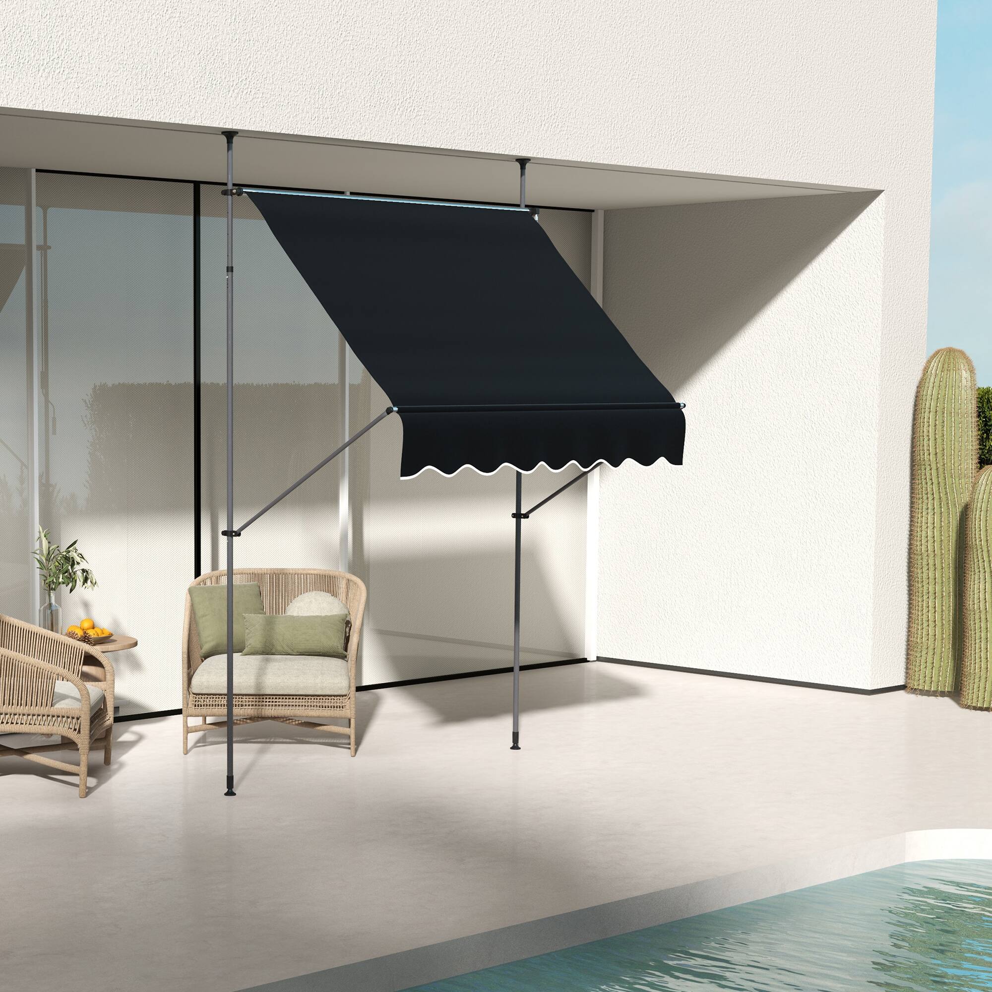 Angle. Outsunny - Manual Retractable Awning, 79" Non-Screw Patio Sun Shade Shelter with Support Pole Stand and UV Resistant Fabric - Black.