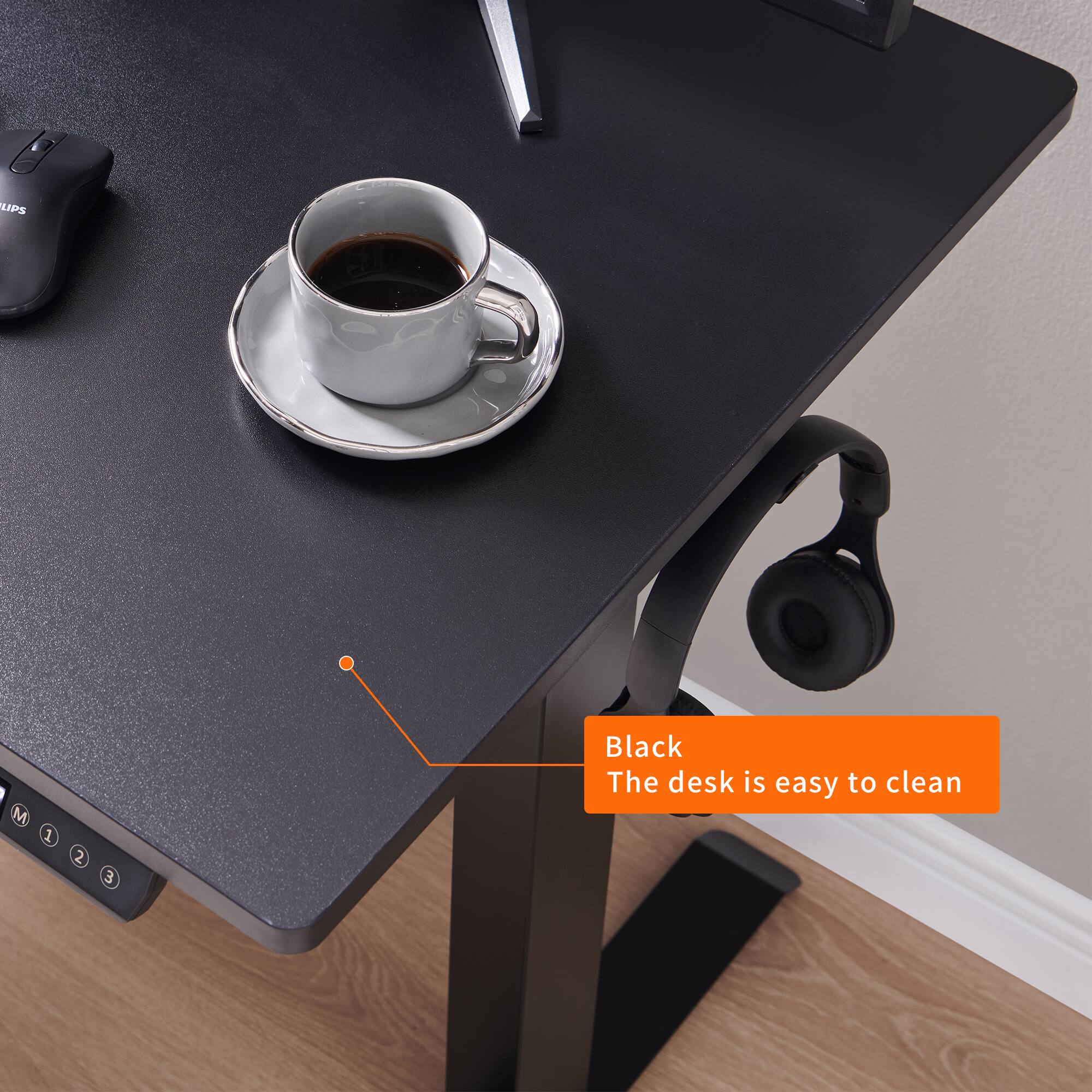 Black  
The desk is easy to clean