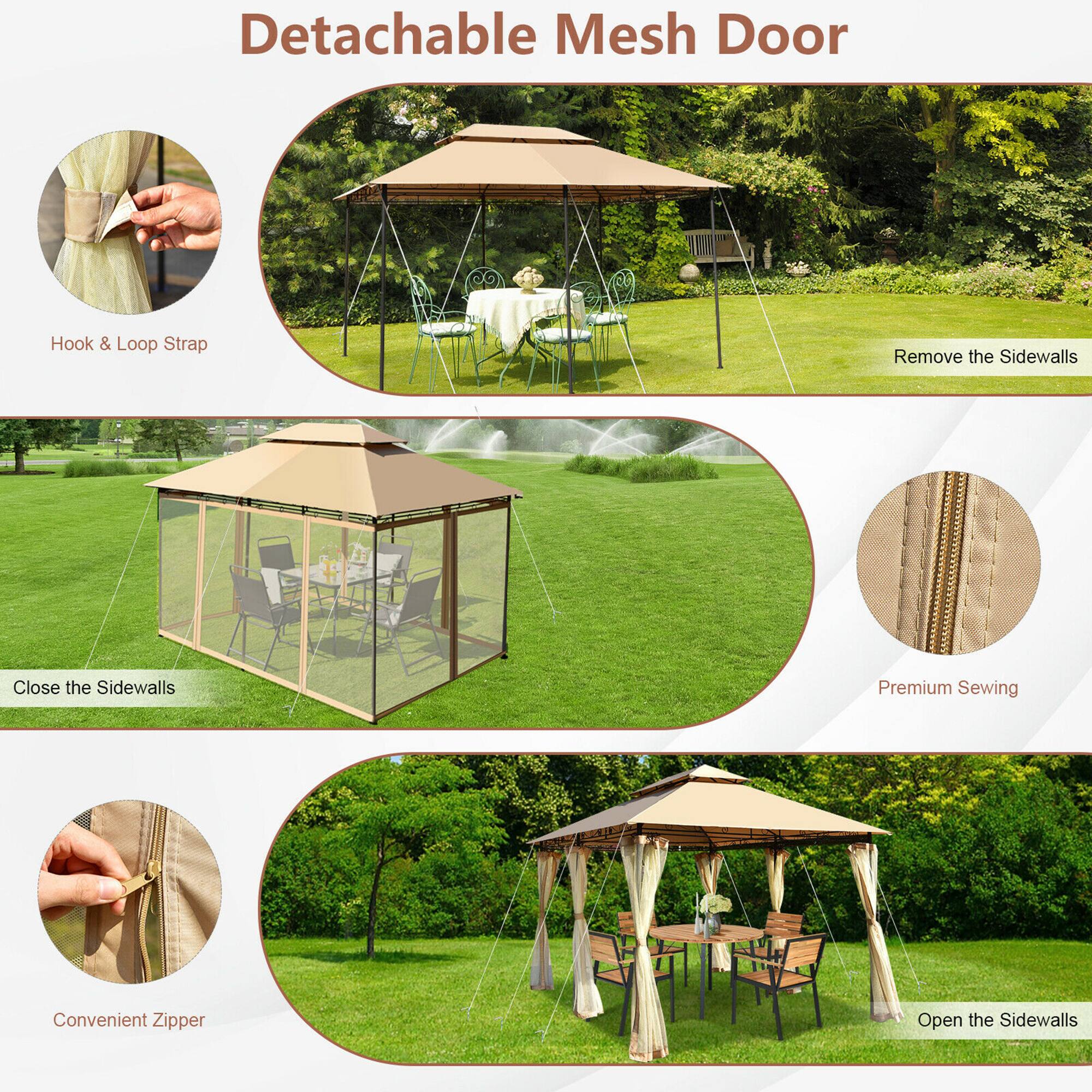 Detachable Mesh Door, Hook & Loop Strap, Remove the Sidewalls, Close the Sidewalls, Premium Sewing, Convenient Zipper, Open the Sidewalls