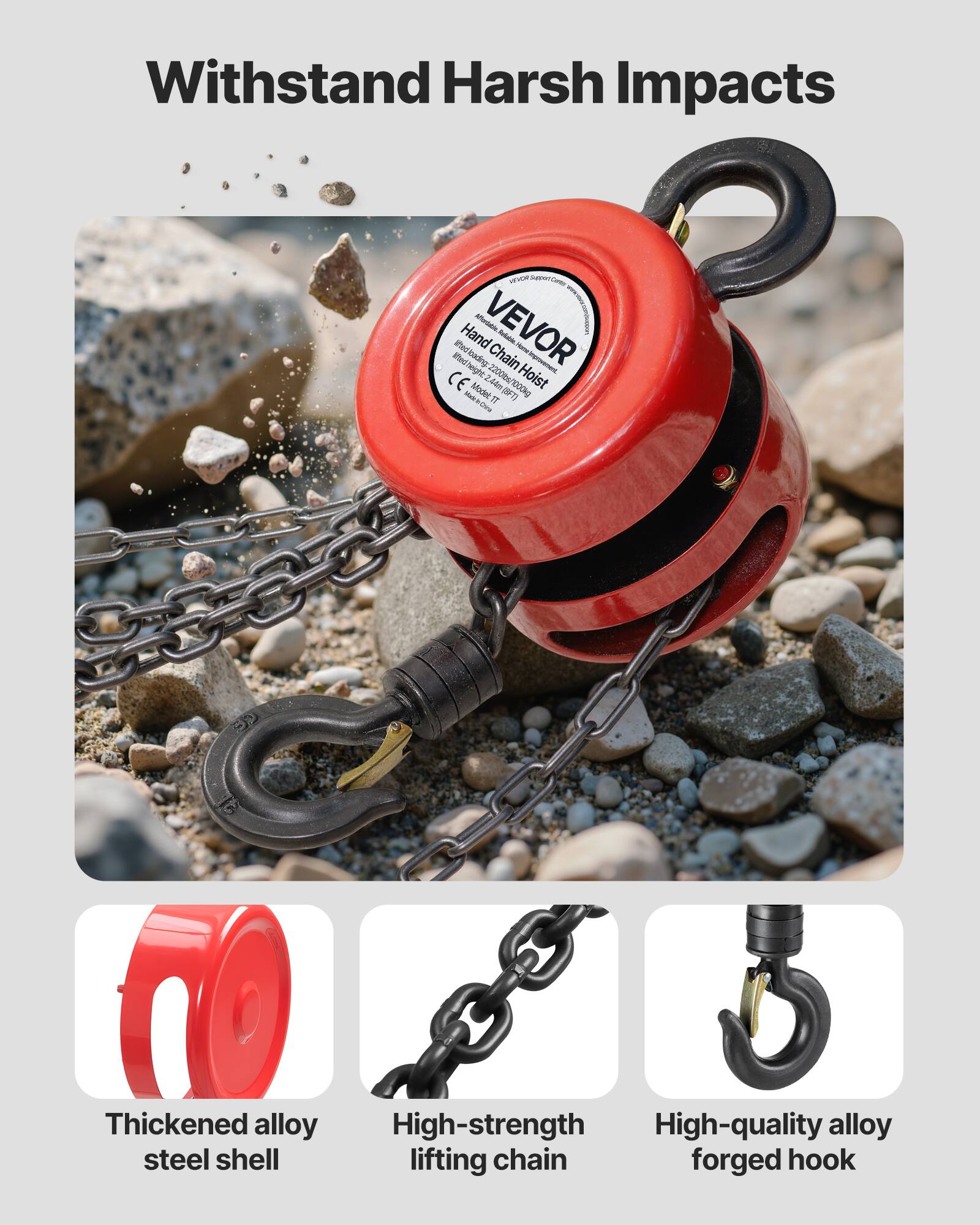 Withstand Harsh Impacts

- Hand Mod VEVOR
- 2.44m (8FT) Hoist
- Thickened alloy High-strength High-quality alloy steel shell lifting chain forged hook