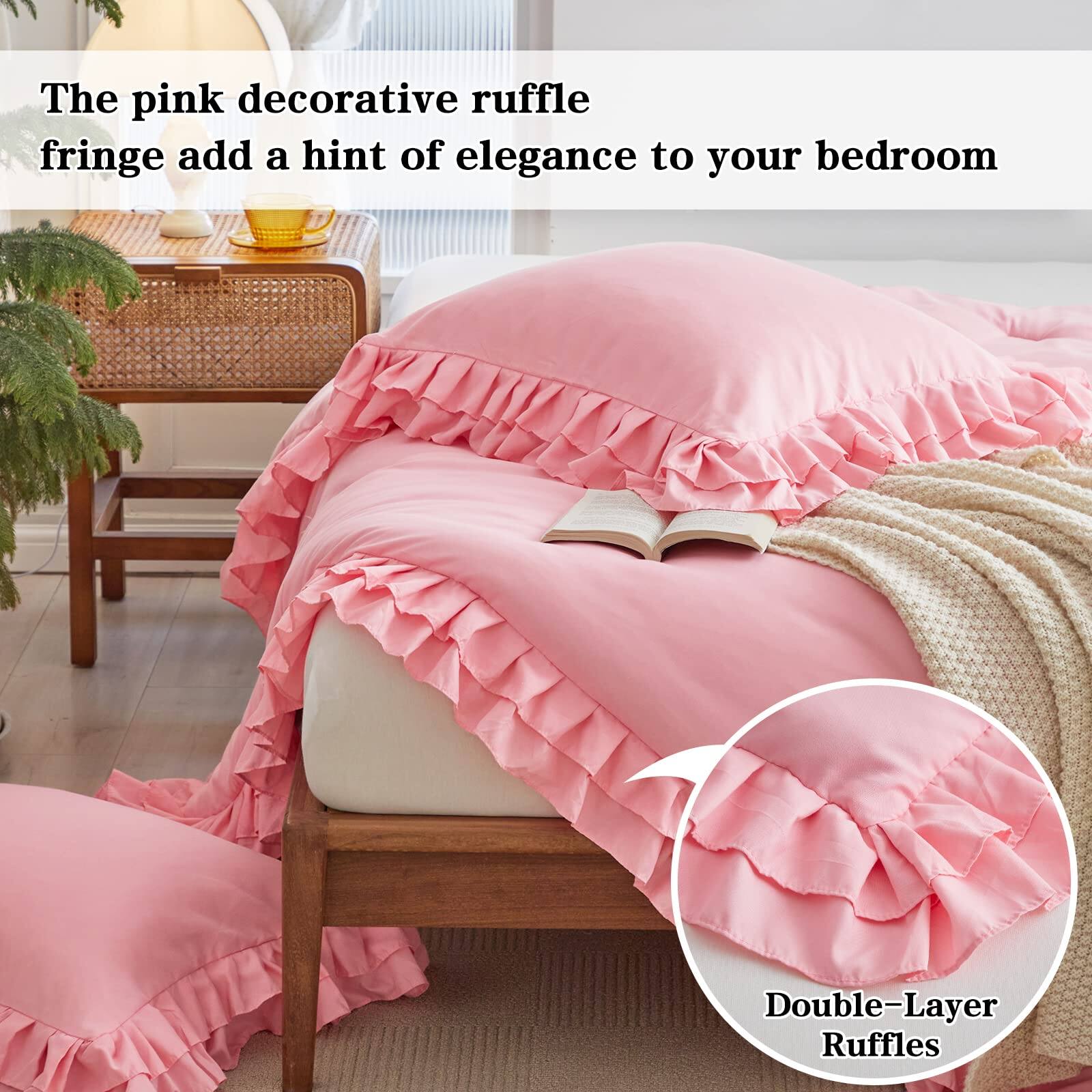 The pink decorative ruffle fringe adds a hint of elegance to your bedroom.

Double-Layer Ruffles