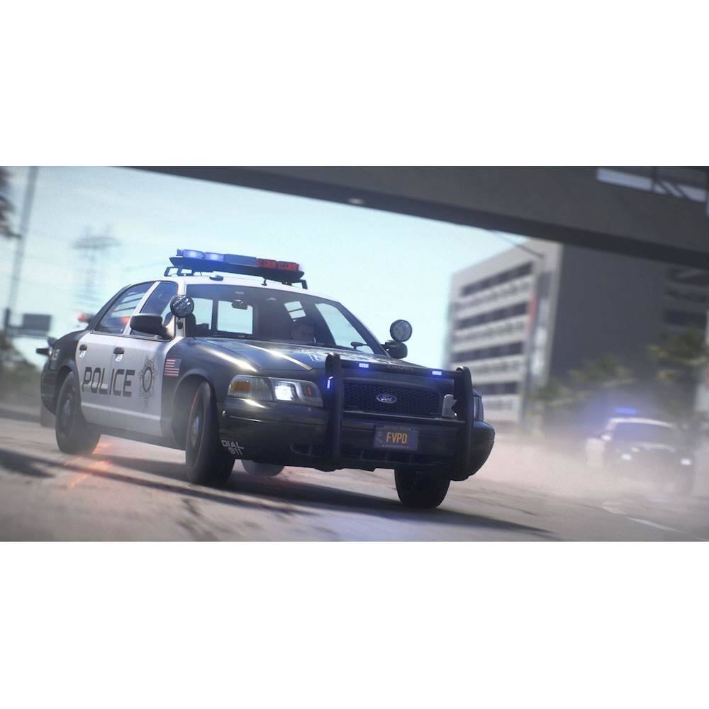 The image features a police car with its lights on, driving down a street. The car has a large "POLICE" sign on top of it, indicating its purpose. The car is also equipped with a bullhorn, which is typically used for public announcements or emergency situations. The scene takes place in a city, with a bridge visible in the background.