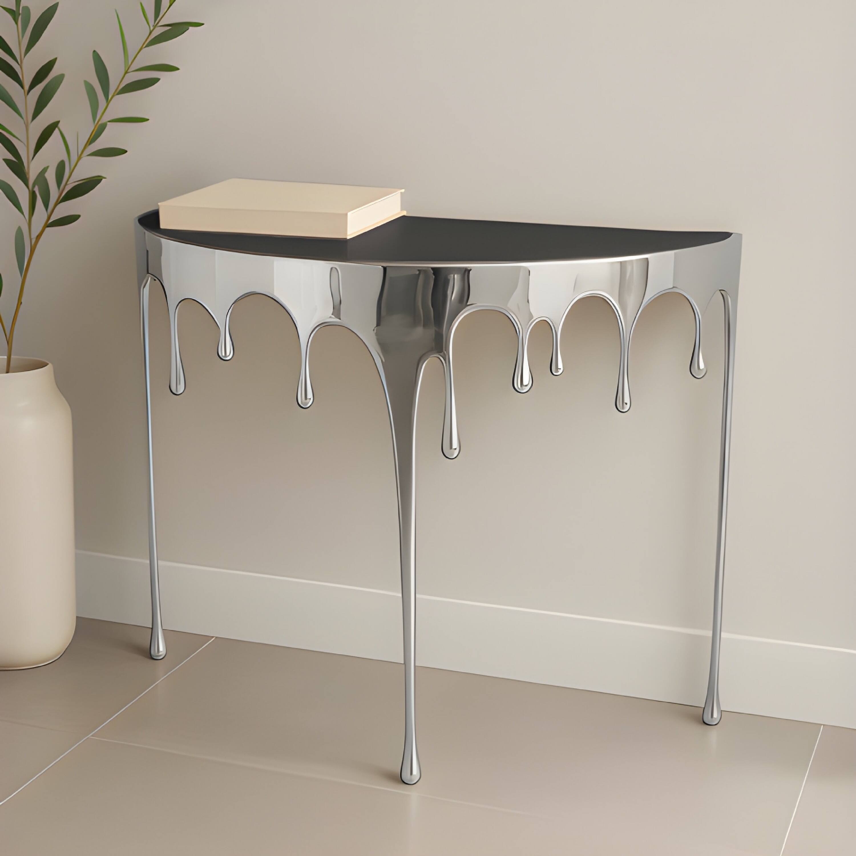 Alt View 9. Manhattan Lane - Capri Sofa Console Table | 36.25" Half Moon Glass Top | Melting Drip Design - Silver, Black.