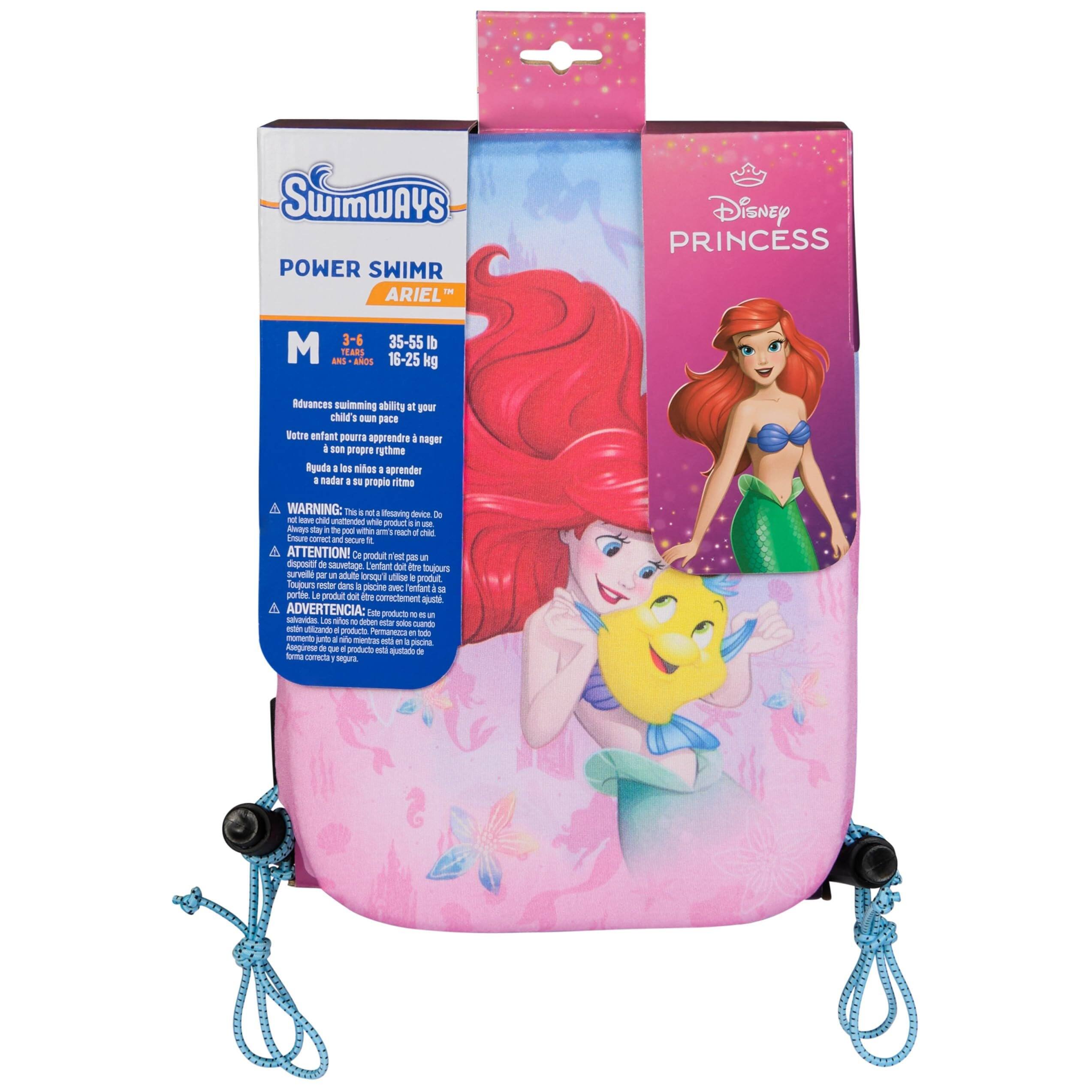 SWIMWAYS POWER SWIMR ARIEL - Disney PRINCESS  
3-6 YEARS  
35-55 lb  
16-25 kg  

Advances swimming ability at your child's own pace  
Votre enfant pourra apprendre à nager à son propre rythme  
Ayuda a los niños a aprender a nadar a su propio ritmo  
Ayuda a los niños a aprender a nadar a su propio ritmo  

WARNING: This is not a flotation device. Do not leave child unattended while product is in use. Do not use if child cannot hold their head up unaided. Ensure correct and secure fit.  

ATTENTION! Ce produit n'est pas un dispositif de sauvetage. Ne laissez pas l'enfant sans surveillance pendant l'utilisation. Ne pas utiliser si l'enfant ne peut pas maintenir sa tête hors de l'eau. Assurez-vous d'un ajustement correct et sécurisé.  

ADVERTENCIA: Este producto no es un dispositivo de salvamento. No deje al niño sin supervisión durante el uso. No usar si el niño no puede mantener la cabeza fuera del agua. Asegúrese de un ajuste correcto y seguro.