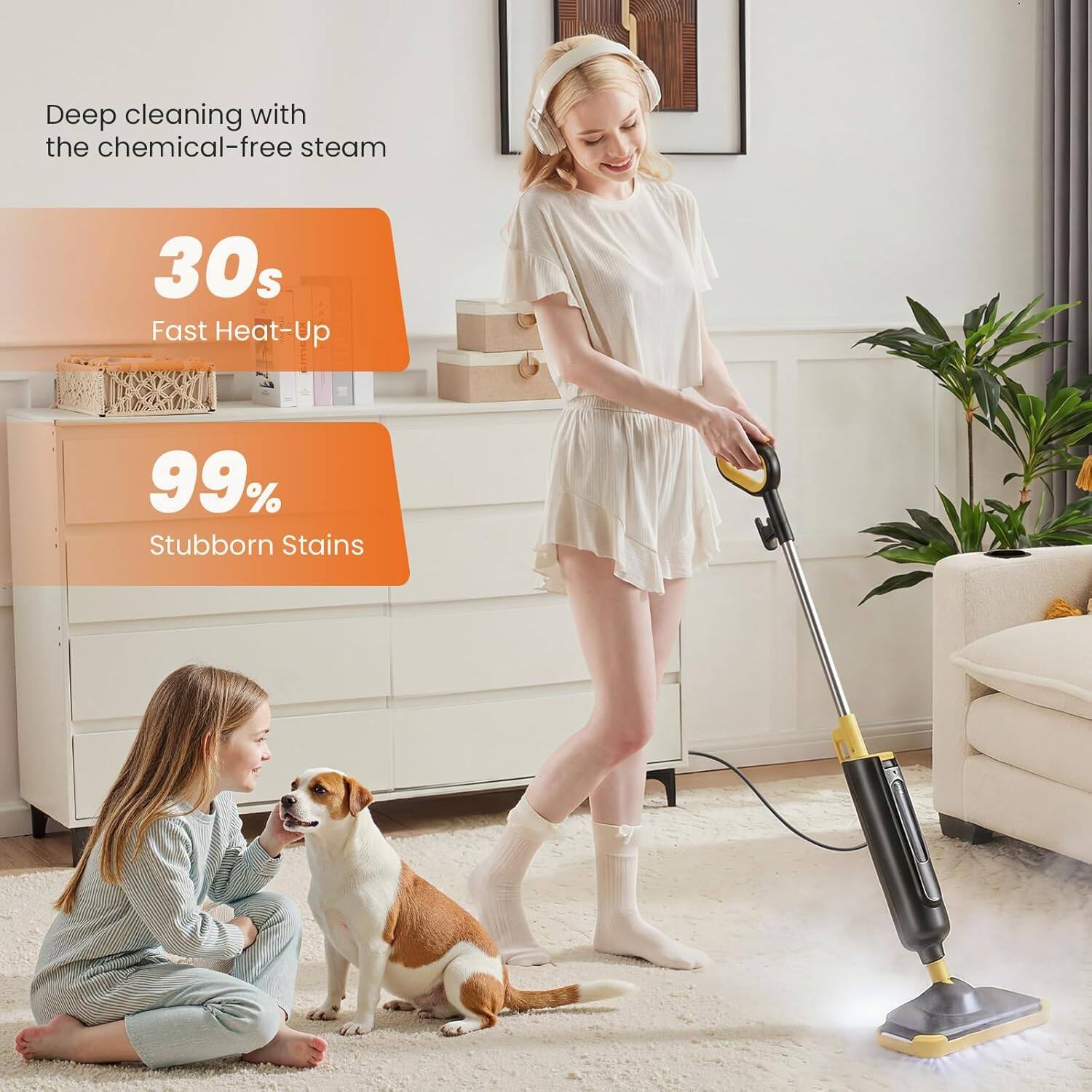 Deep cleaning with the chemical-free steam

30s Fast Heat-Up

99% Stubborn Stains