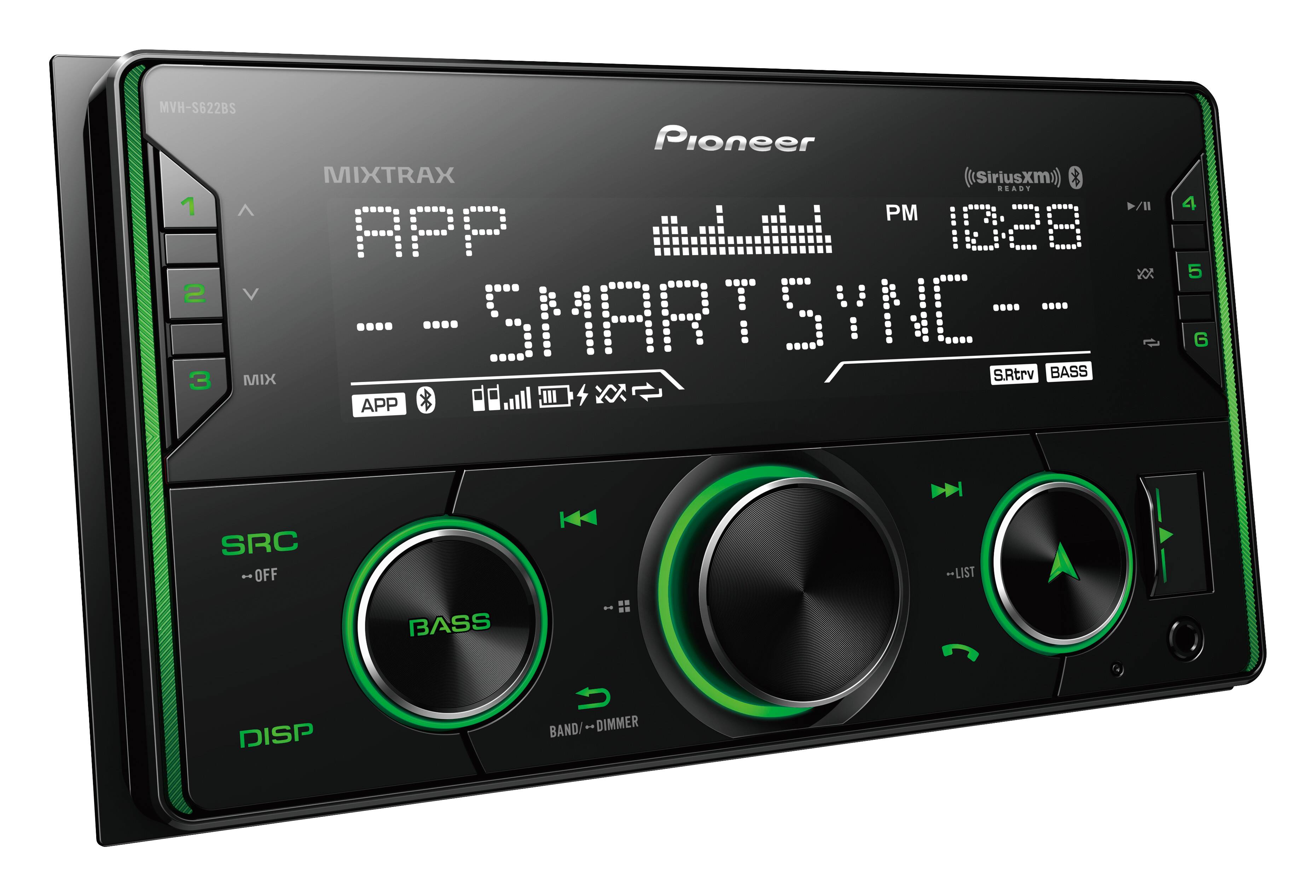 MVH-S622BS Pioneer MIXTRAX (SiriusXM) * READY 1 ^ >/II 4 PM APP M 10:28 yoR 5 2 V CESMARISYNG-- .... .... SMAR SYNE-- 1 G S.Rtrv BASS 3 MIX X APP SRC --OFF -LIST BASS .. .. DISP BAND/ -. DIMMER