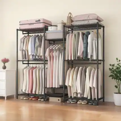 Front. LUCKY ONE - Heavy Duty Garment Rack w/ 8 Shelves & 5 Rods Adjustable Freestanding - Black.