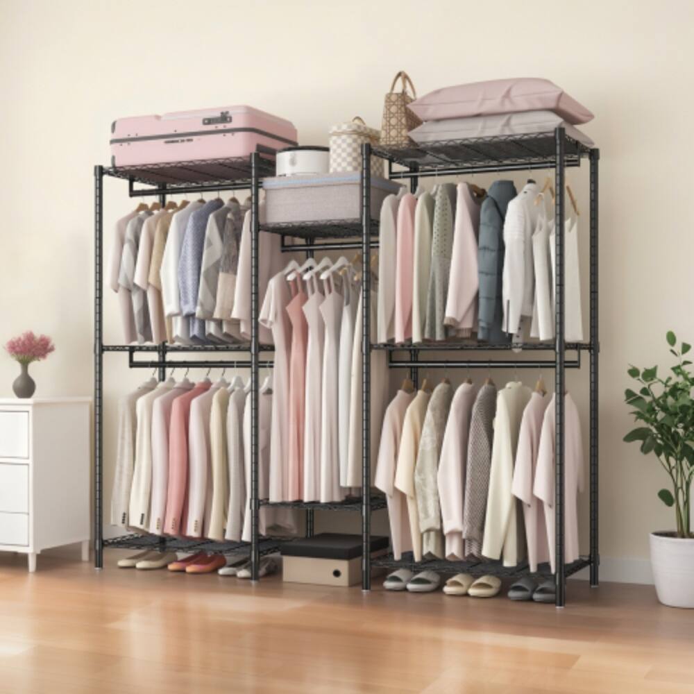 Front. LUCKY ONE - Heavy Duty Garment Rack w/ 8 Shelves & 5 Rods Adjustable Freestanding - Black.