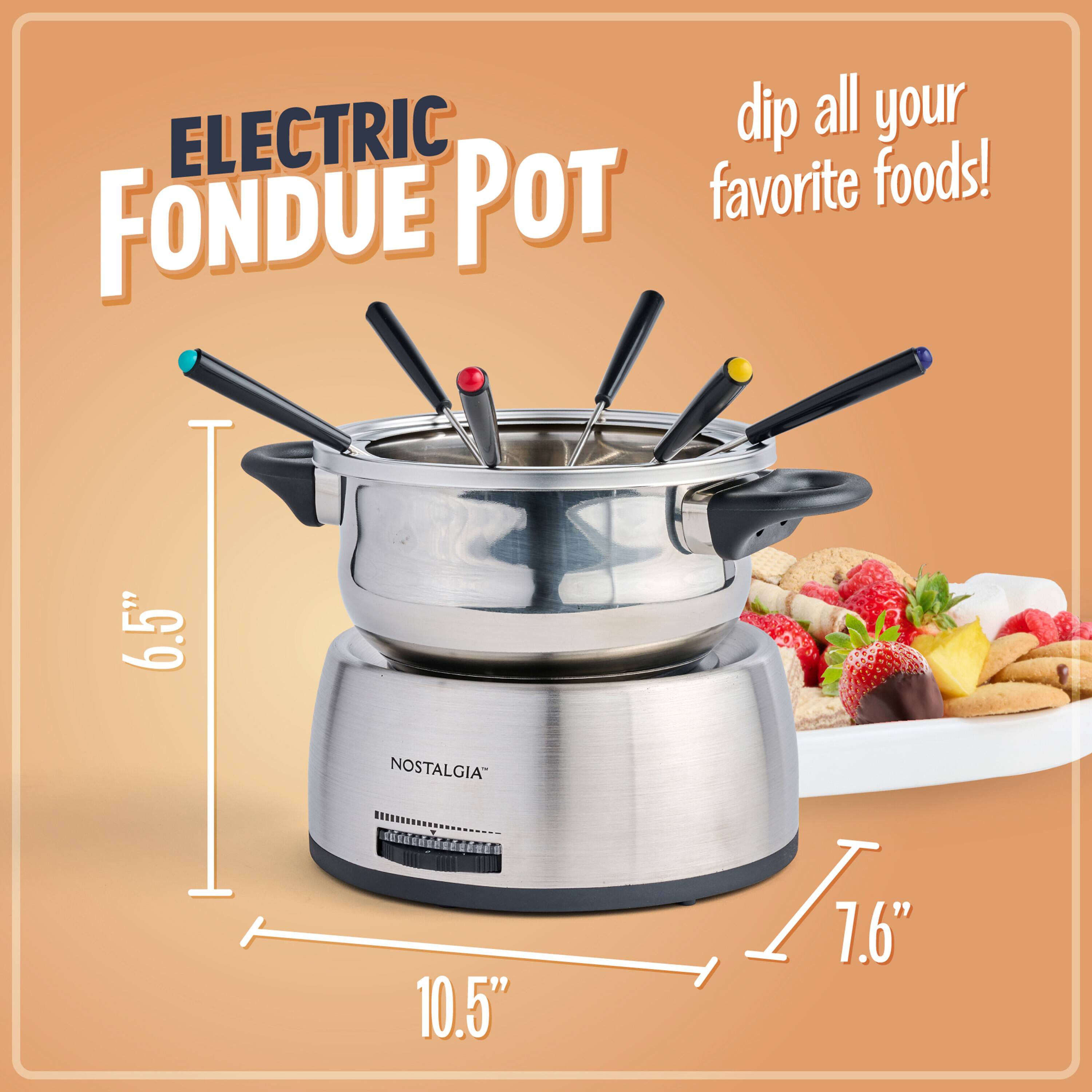 ELECTRIC FONDUE POT  
dip all your favorite foods!  
NOSTALGIA  
6.5"  
10.5"  
7.6"