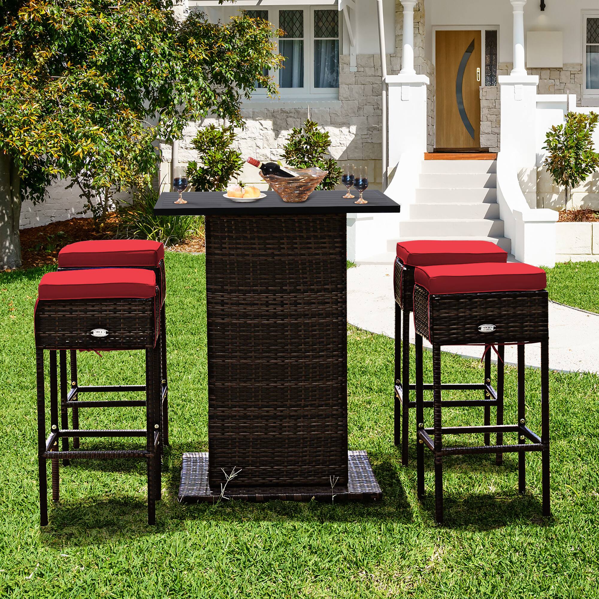 Alt View 1. Costway - Costway 5PCS Patio Rattan Bar Table Stool Set Hidden Storage Shelf Cushion - Red.
