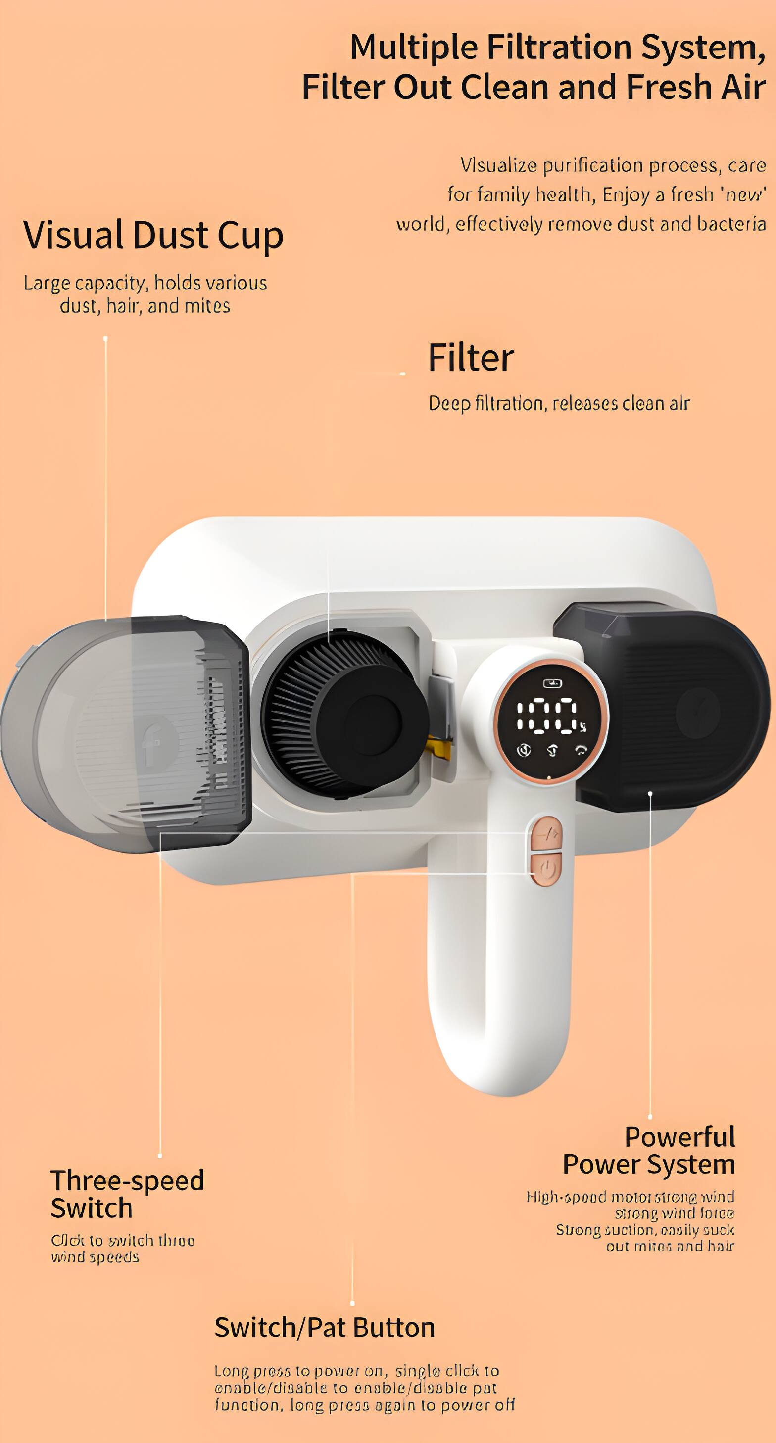 Multiple Filtration System, Filter Out Clean and Fresh Air

Visual Dust Cup
Large capacity, holds various dust, hair, and mites

Visualize purification process, care for family health, Enjoy a fresh 'new' world, effectively remove dust and bacteria

Filter
Deep filtration, releases clean air

Three-speed Switch
Click to switch three wind speeds

Powerful Power System
High-speed motor strong wind strong wind force Strong suction, easily suck out mites and hair

Switch/Pat Button
Long press to power on, single click to enable/disable to enable/disable pat function. Long press again to power off