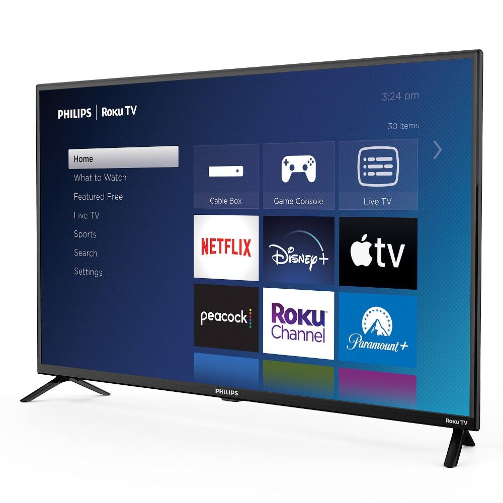 PHILIPS | Roku TV

3:24 pm

30 Items

Home
What to Watch
Featured Free
Live TV
Sports
Search
Settings

Cable Box
Game Console
Live TV

NETFLIX
Disney+
Apple TV
peacock
Roku Channel
Paramount+