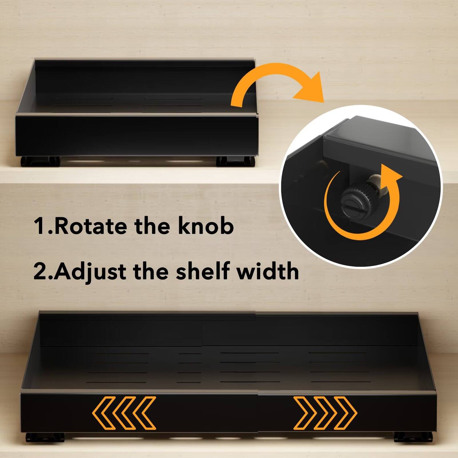 1. Rotate the knob  
2. Adjust the shelf width