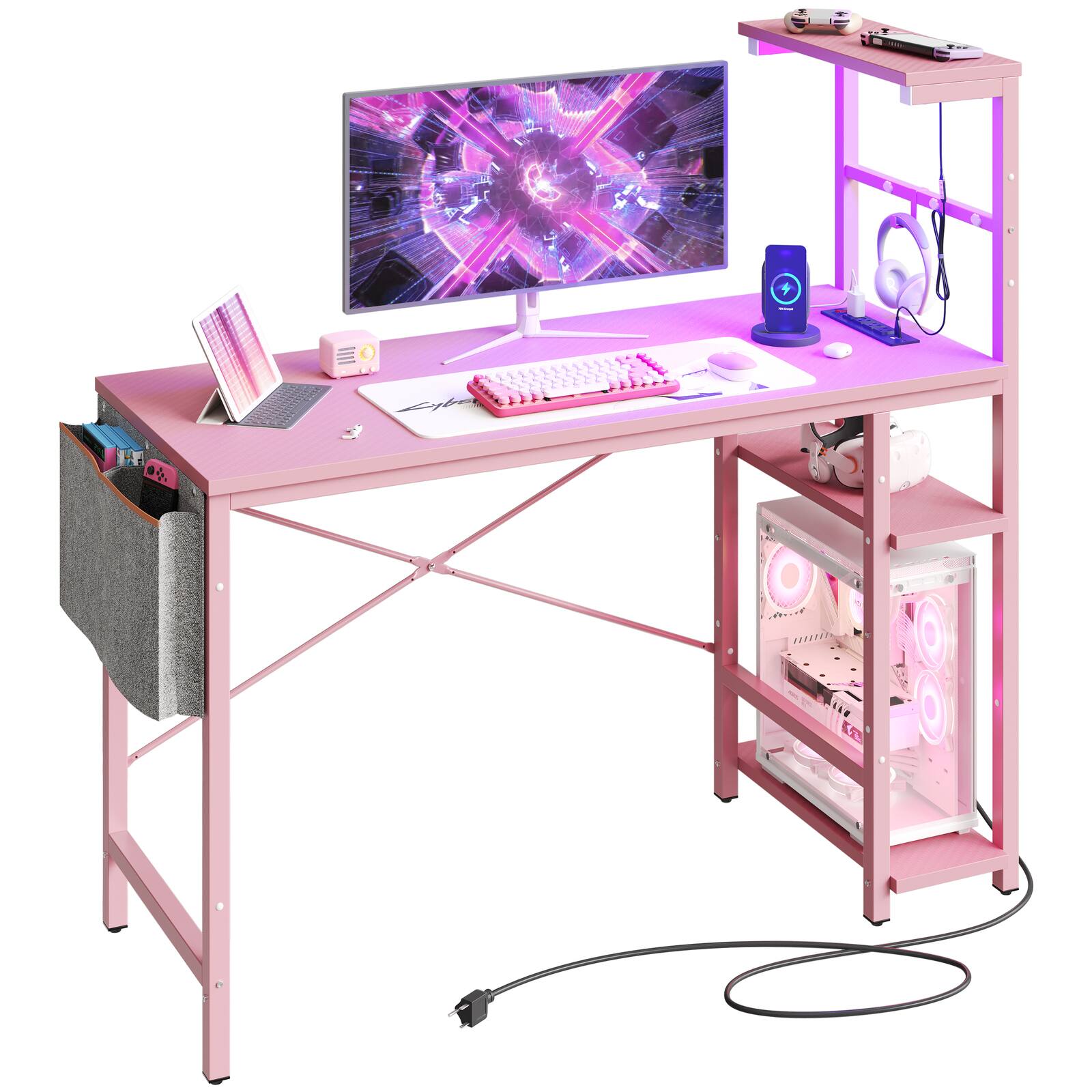 Bestier - 44-inch Gaming Desk with 4-Tier Storage Shelves, RGB Lights & USB Charging - Pink Carbon Fiber