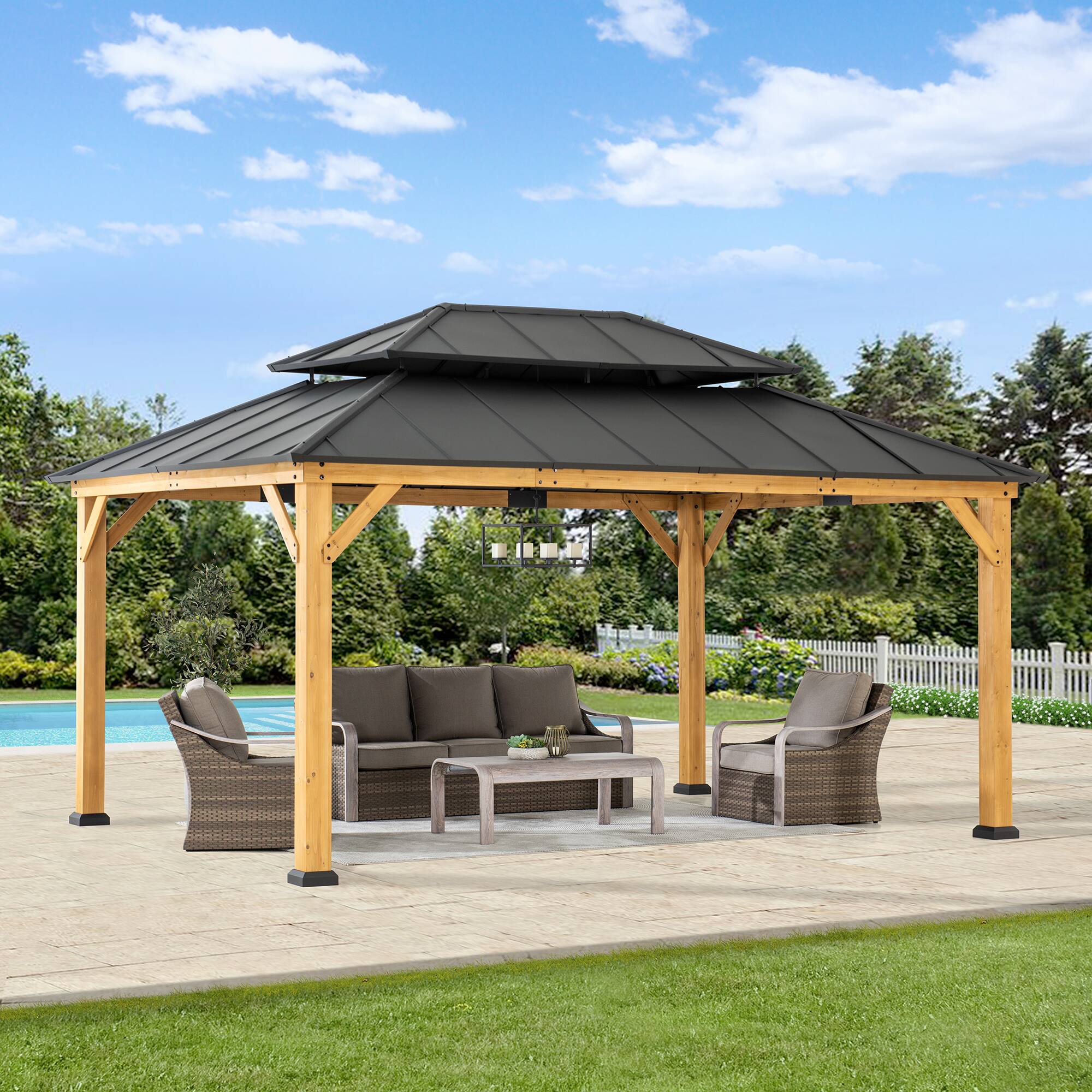 Angle. SUNJOY - Sunjoy 12 ft. x 16 ft. Cedar Framed  Gazebo with Steel Hardtop.