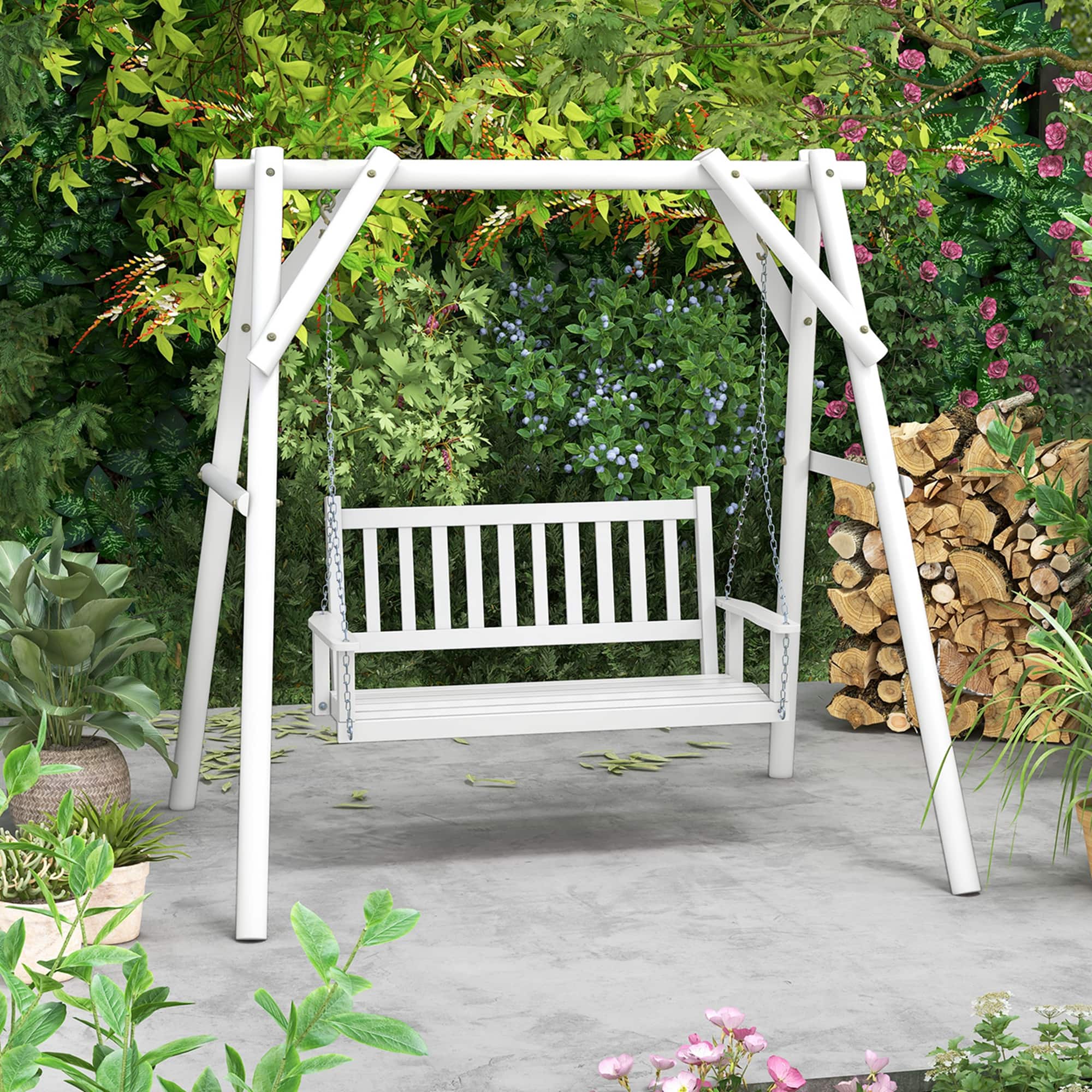 Alt View 3. Costway - 2-Person Wooden Outdoor Porch Swing Heavy Duty Patio Hanging Bench Chair - White.