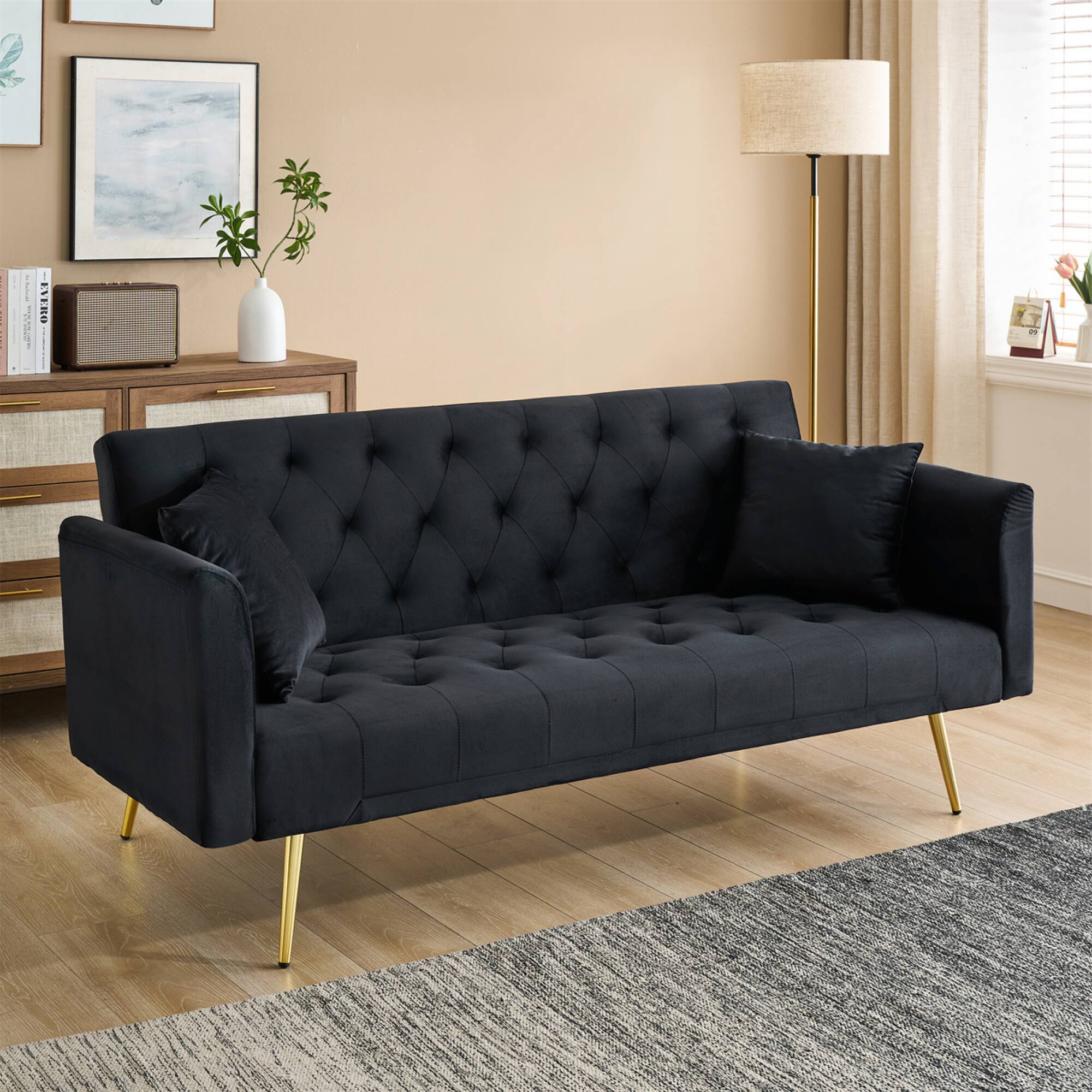 Alt View 1. GOODSILO - Convertible Velvet Sofa Bed with Adjustable Backrest for Small Spaces, Living Room and Office Use - Black.