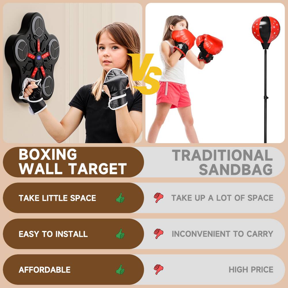 **BOXING WALL TARGET**

- TAKE LITTLE SPACE ✅
- EASY TO INSTALL ✅
- AFFORDABLE ✅

**TRADITIONAL SANDBAG**

- TAKE UP A LOT OF SPACE ❌
- INCONVENIENT TO CARRY ❌
- HIGH PRICE ❌