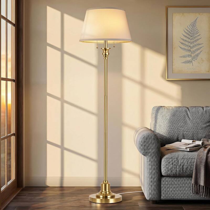 Front. partphoner - 2-Light Floor Lamp for living room, 66.5'' Rustic Farmhouse Pole Lamp with Double Pull Chain - Gold.