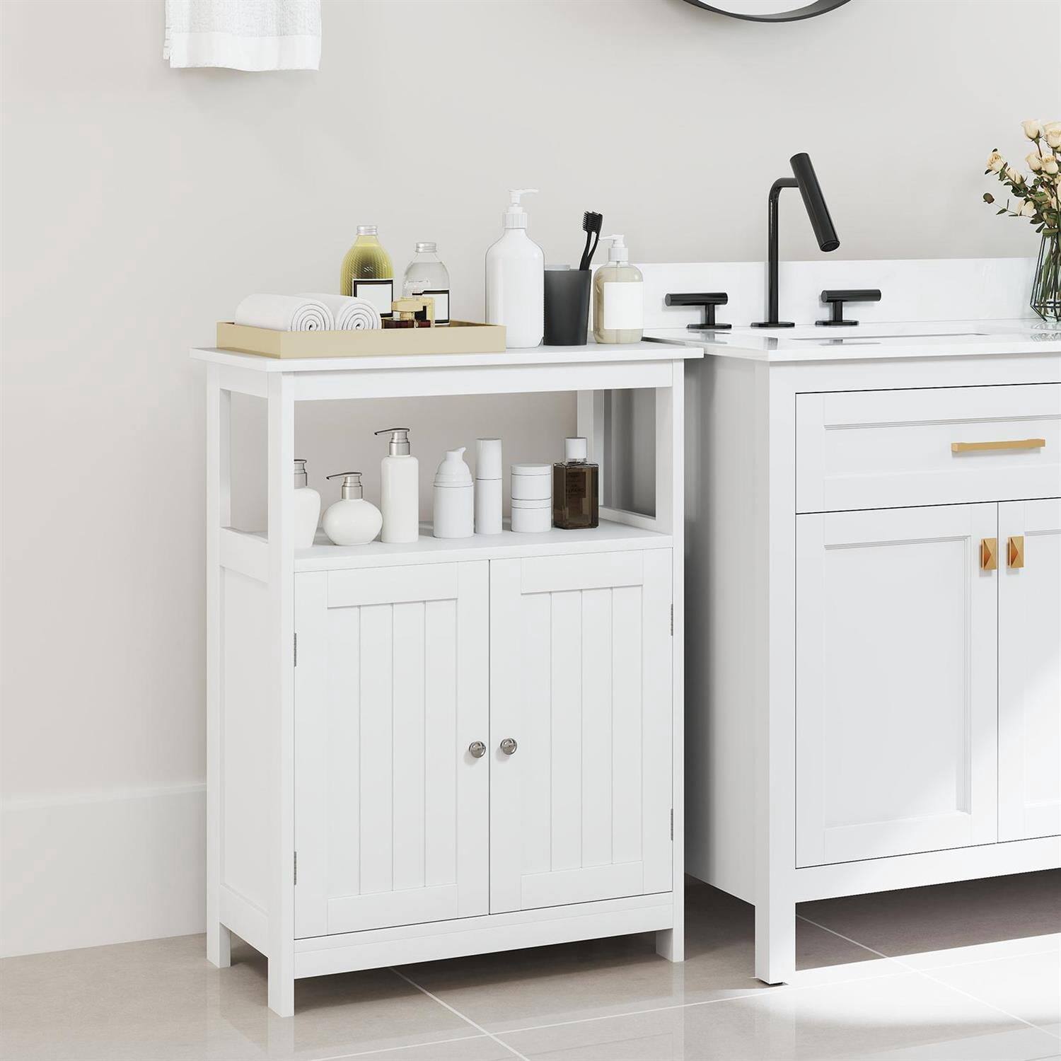 Back. Pefilos - Bathroom Floor Cabinet, Freestanding Storage, Open Compartment Adjustable Shelf - White.